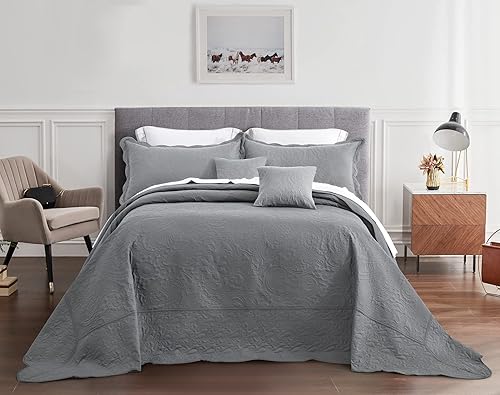 Colcha extragrande tamaño King, funda de cama ligera ultrasónica, patrón de cachemira, reversible, 5 piezas, 100% microfibra, KingCal King, gris