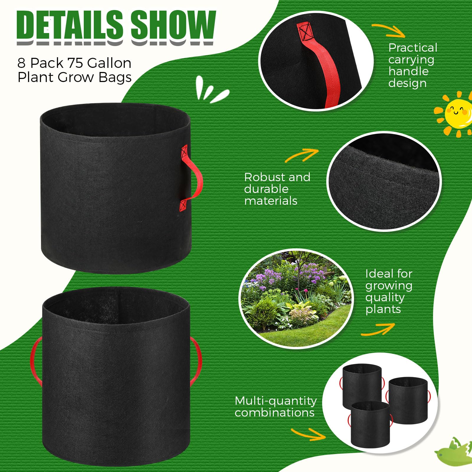 Nuenen Lot de 8 sacs de culture en tissu non tissé respirant avec poignées - Pots de légumes avec gants pour jardin, légumes, pommes de terre, fleurs (200 l)