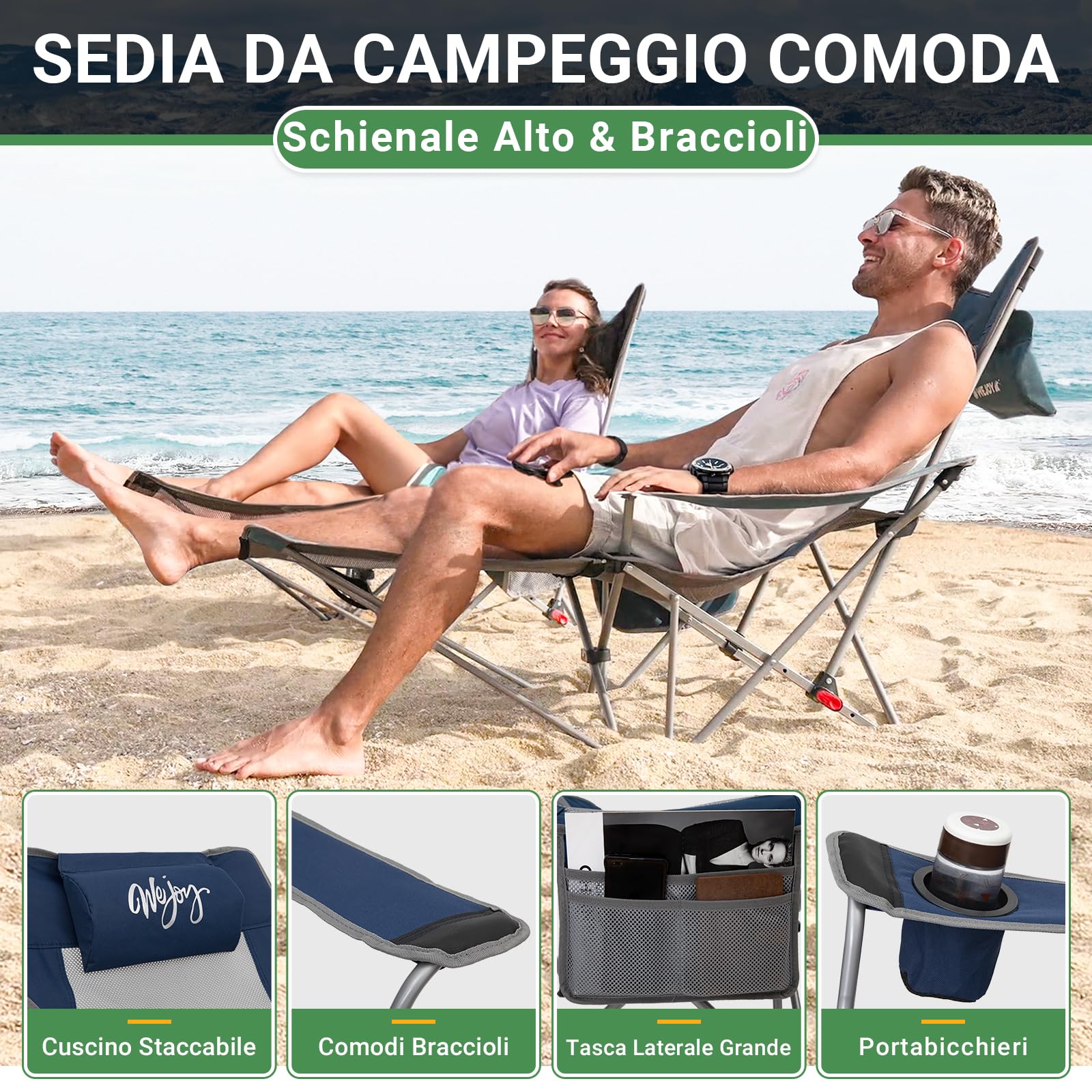 #WEJOY Set di 2 Sedia da Campeggio Pieghevole Reclinabile, Sedia Sdraio da Spiaggia Portatile, Schienale Regolabile, Poggiapiedi Staccabile, Sedia Pieghevole per Esterno Giardino Pesca, Navy Blu
