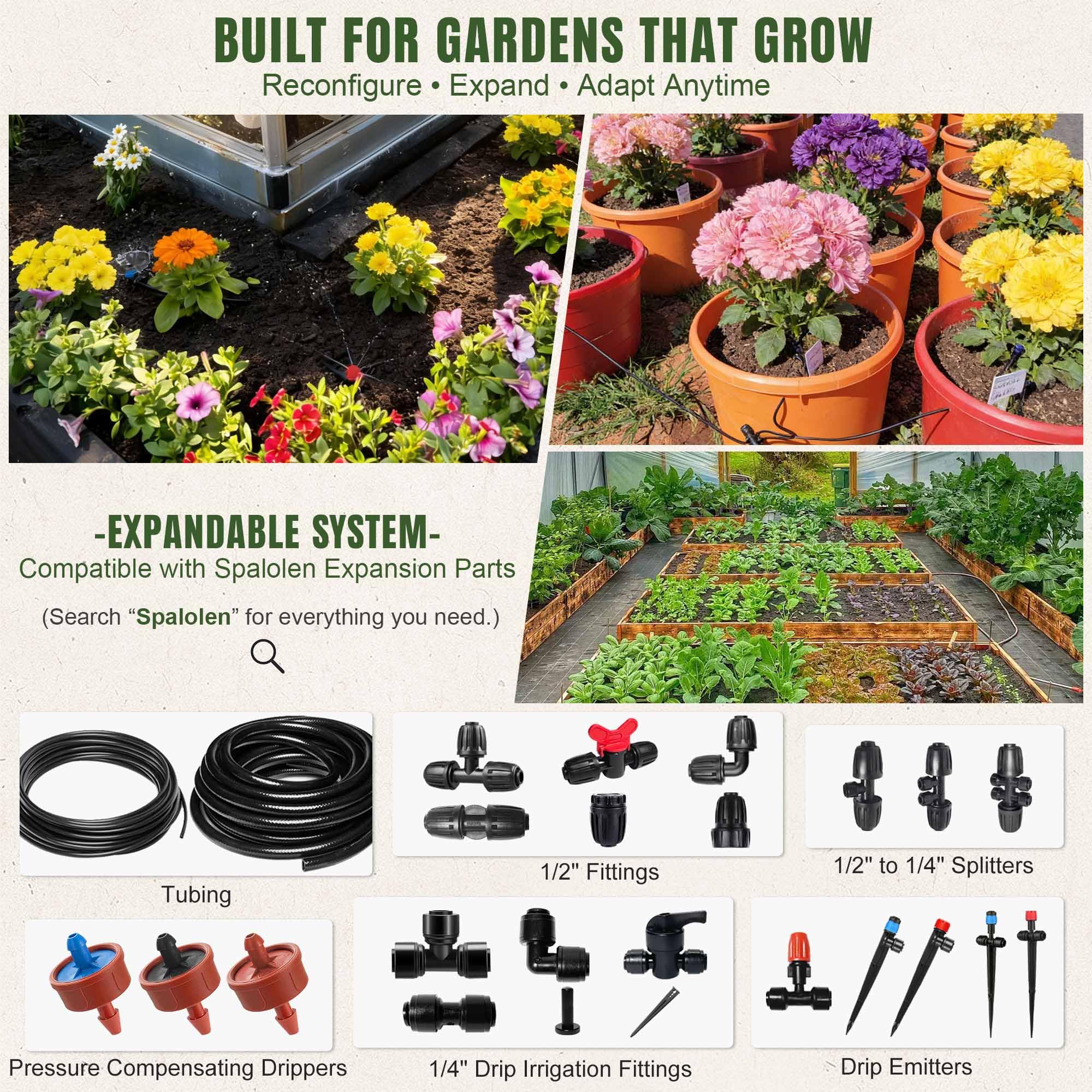 Sistema de riego por goteo de empuje para conectar, sistema de riego ajustable para cama elevada de jardín, sistema de riego automático de plantas, kit completo de riego por goteo con emisores de