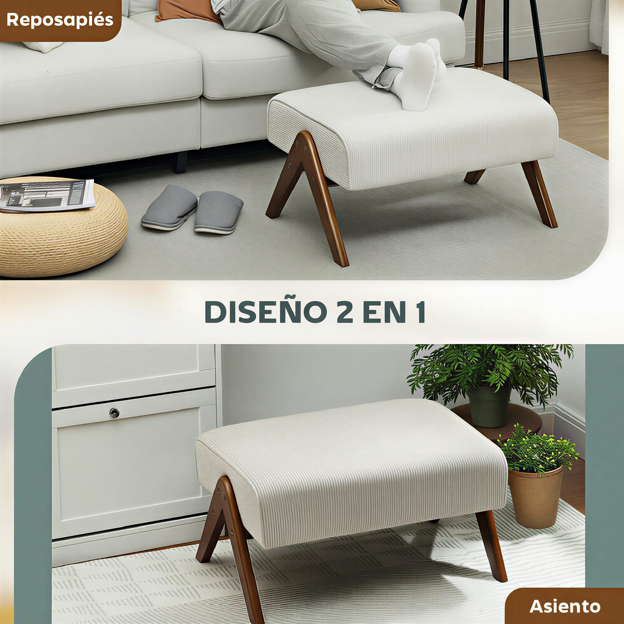 HOMCOM Reposapiés de Salón Taburete Bajo Tapizado en Pana Otomana Rectangular con Asiento Acolchado y Patas de Madera para Sala de Estar Dormitorio Beige