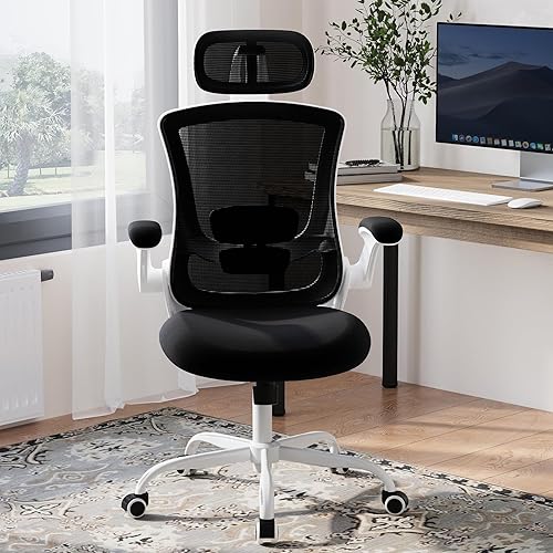 Miniatura 7 de Silla de oficina de respaldo alto con soporte lumbar ajustable y reposacabezas, silla de escritorio ergonómica de malla con reposabrazos abatibles,