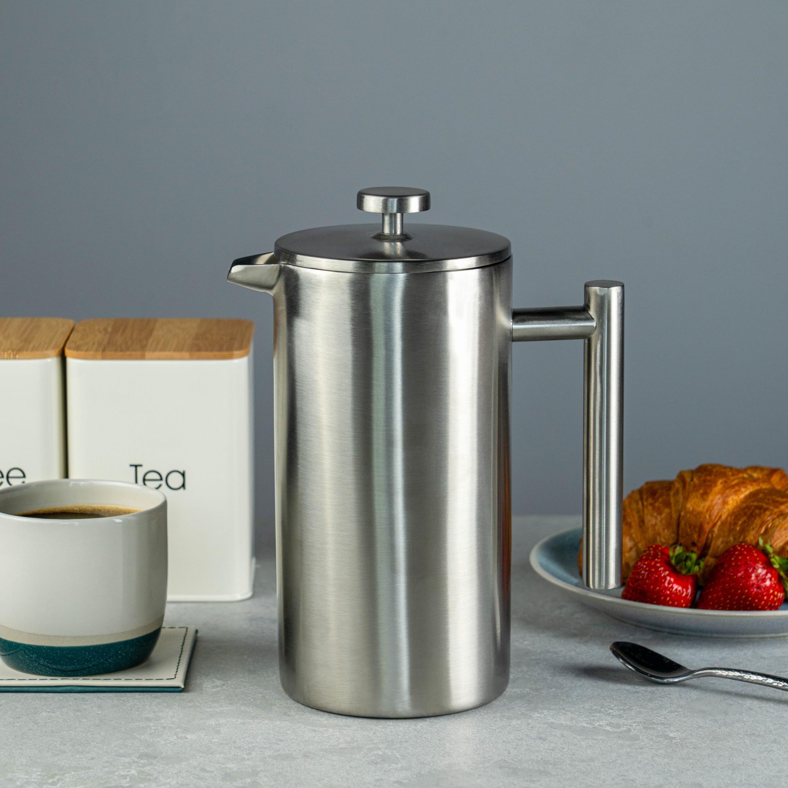 Café Olé Kaffeebereiter aus Edelstahl 1.5 Liter | Doppelwandige Isolierung mit Cool-Touch Griffen | French-Press mit Edelstahlfilter | Matt Gebürstet 1,5 L, Satiniert