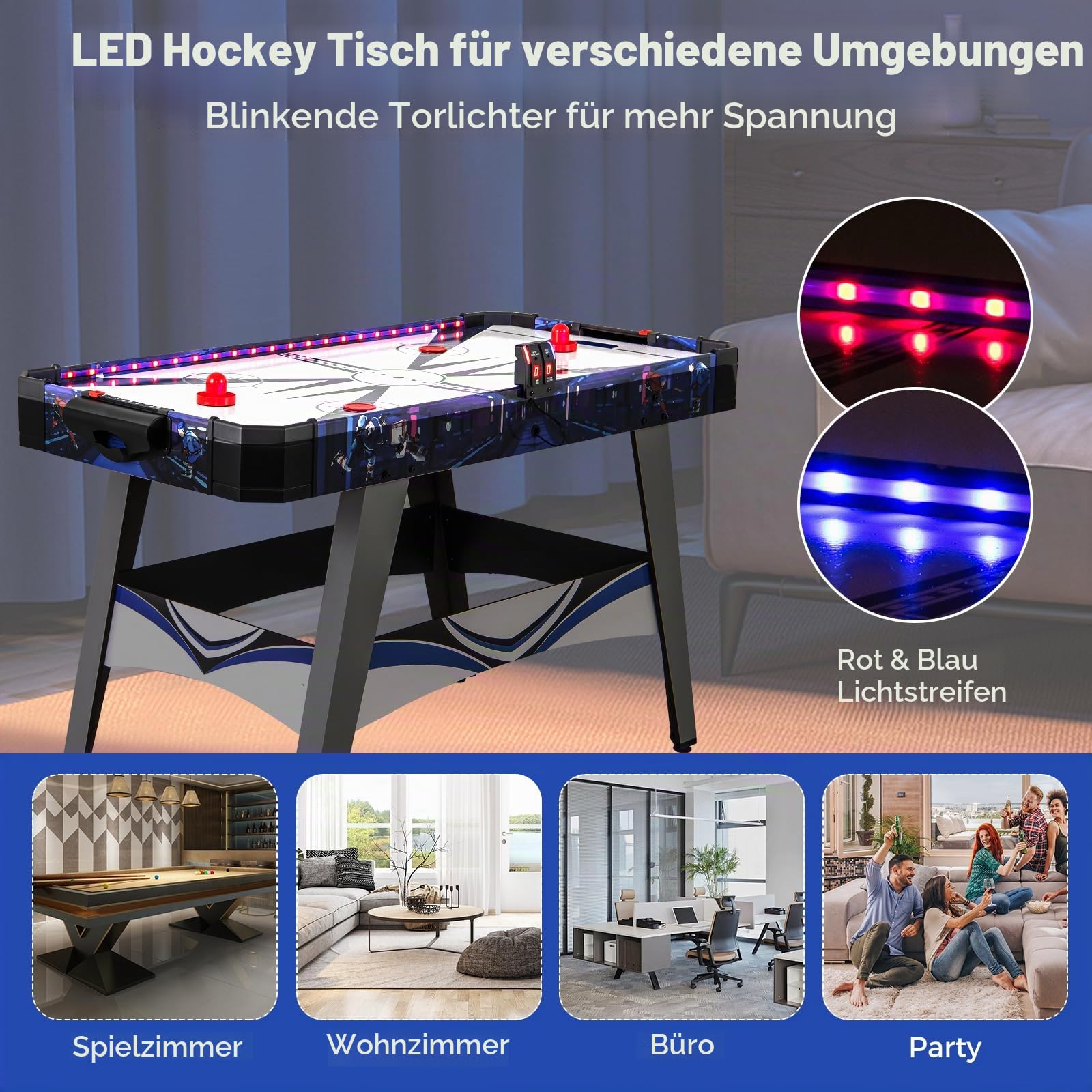 HOMASIS Airhockey Tisch, Air Hockey Spieltisch mit elektronischem 12V-Motor & LED-Anzeigetafel, Tischhockey inkl. 2 Pucks & 2 Schiebern, Airhockeytisch Lufthockey Speedhockey für Kinder & Erwachsene