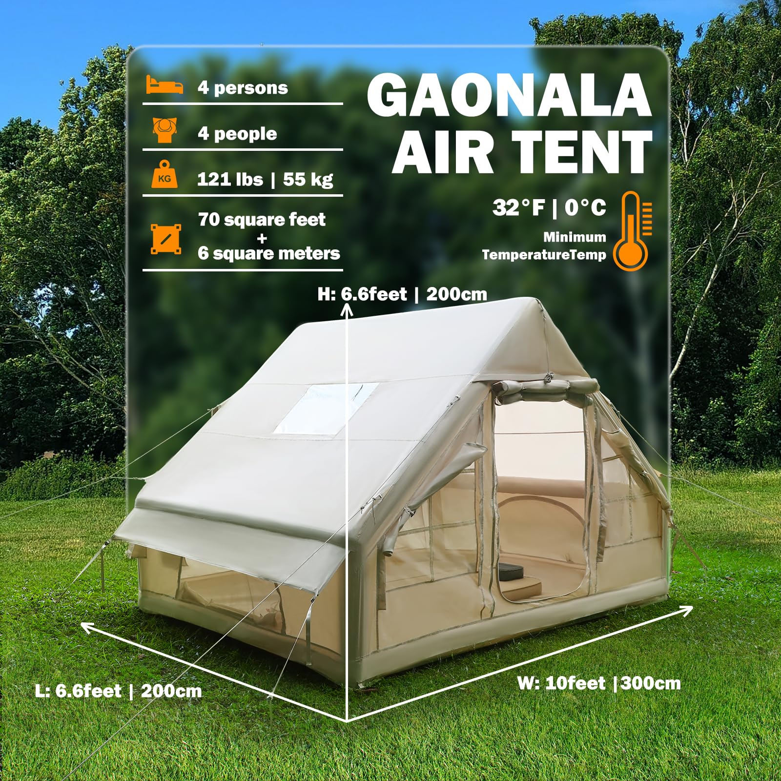 Tienda de campaña hinchable con bomba, 420D Oxford Glamping, tienda inflable para camping con chimenea y claraboya, 4 temporadas, ventana de malla, puertas para 4-6