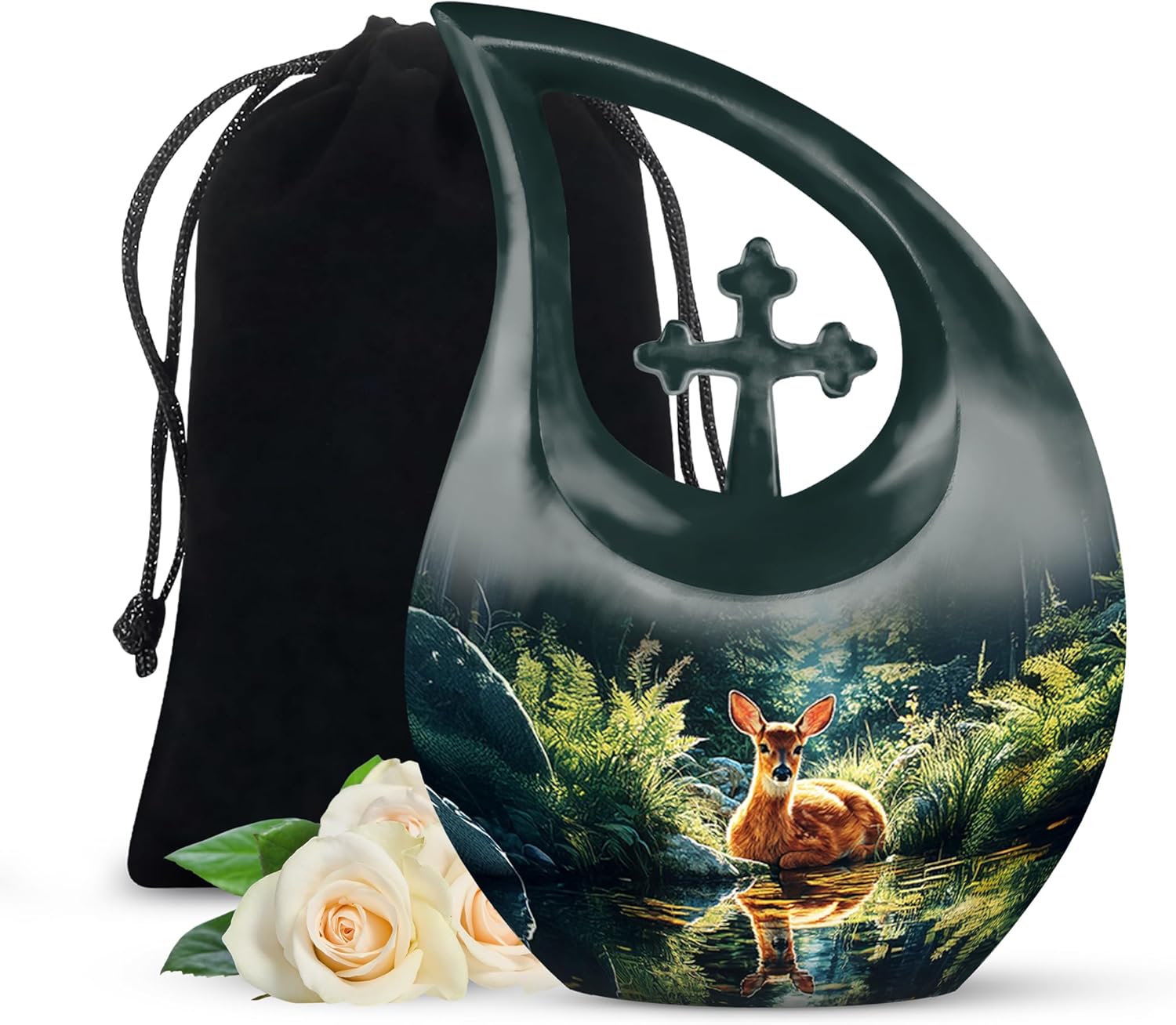 Deer Urn, Teardrop Memorial Urns for Adult Male & Female, Green Funeral Urns for Human Ashes - Burial Urn for Ashes for Women - 10 Inch Large Sympathy Gift for Mom, Dad Friend & Family