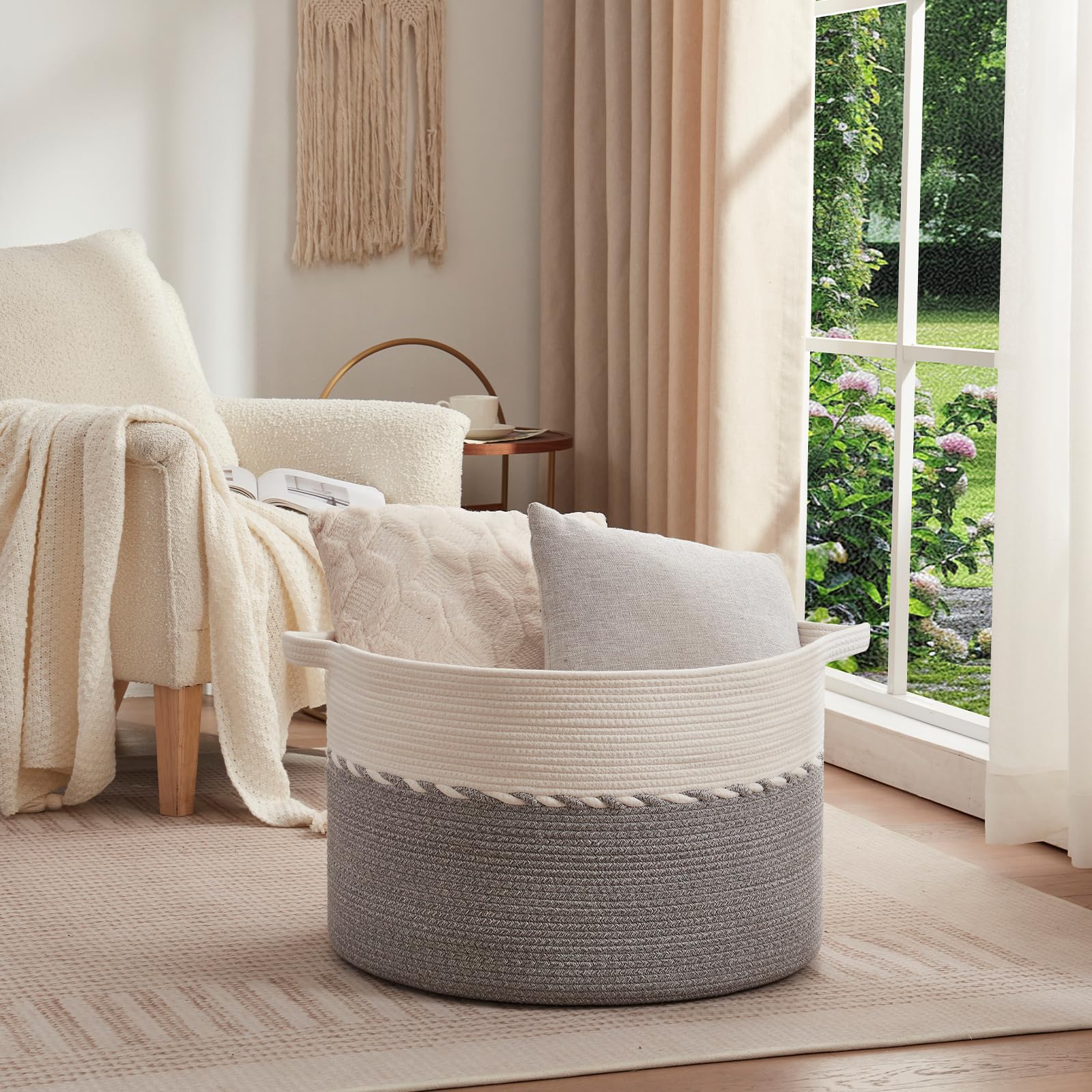 OIAHOMY Extra großer Korb für Decken, 63,5 x 40,6 cm, Jumbo-Wäschekorb, Baumwollseilkorb mit Griffen für Wohnzimmer, Baby-Spielzeugkorb zur Aufbewahrung, Grau