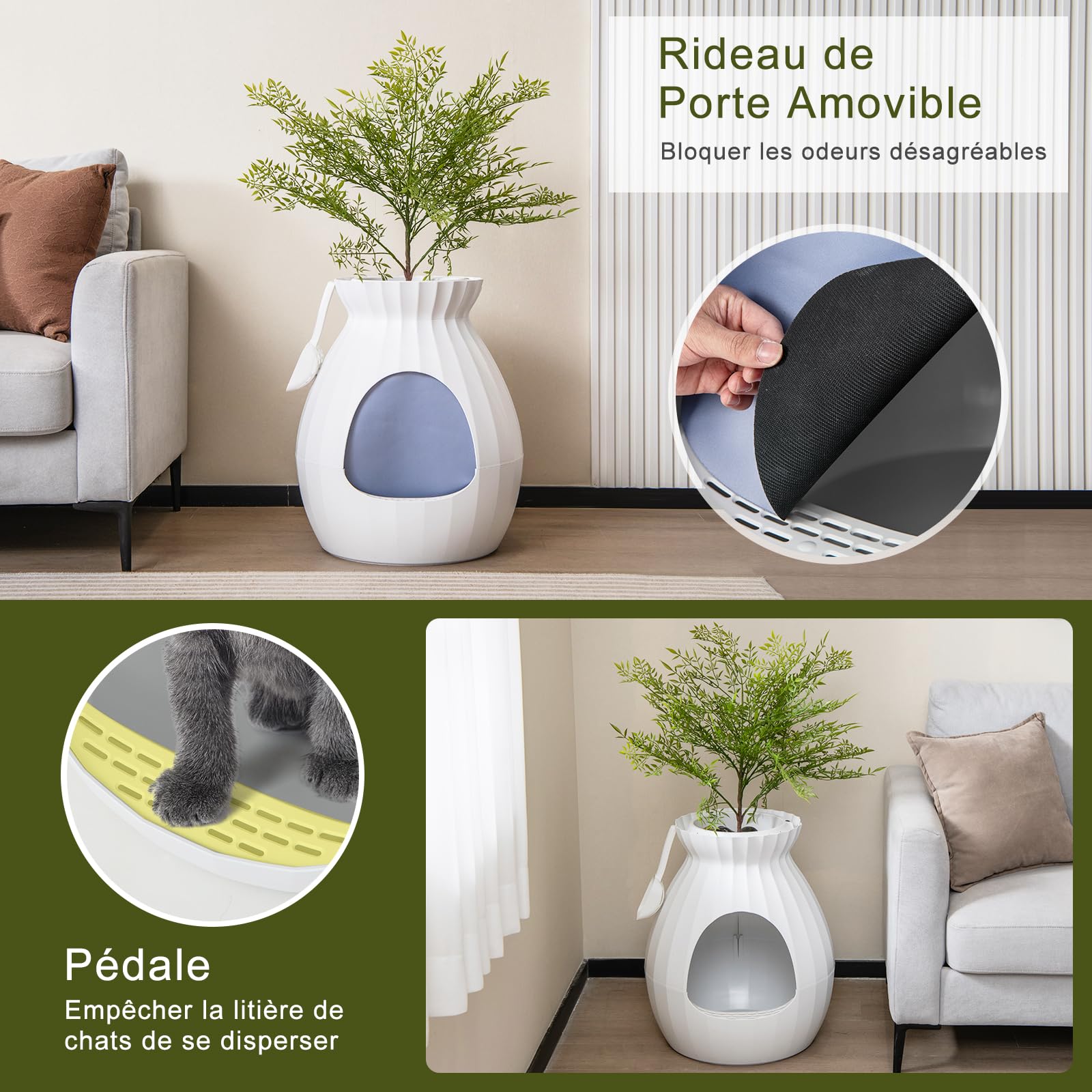 GYMAX Bac à Litière pour Chat avec Système Intelligent de Désodorisation, Maison de Toilette en Forme de Pot, avec Pelle & Rideau, 50X115CM(Blanc)
