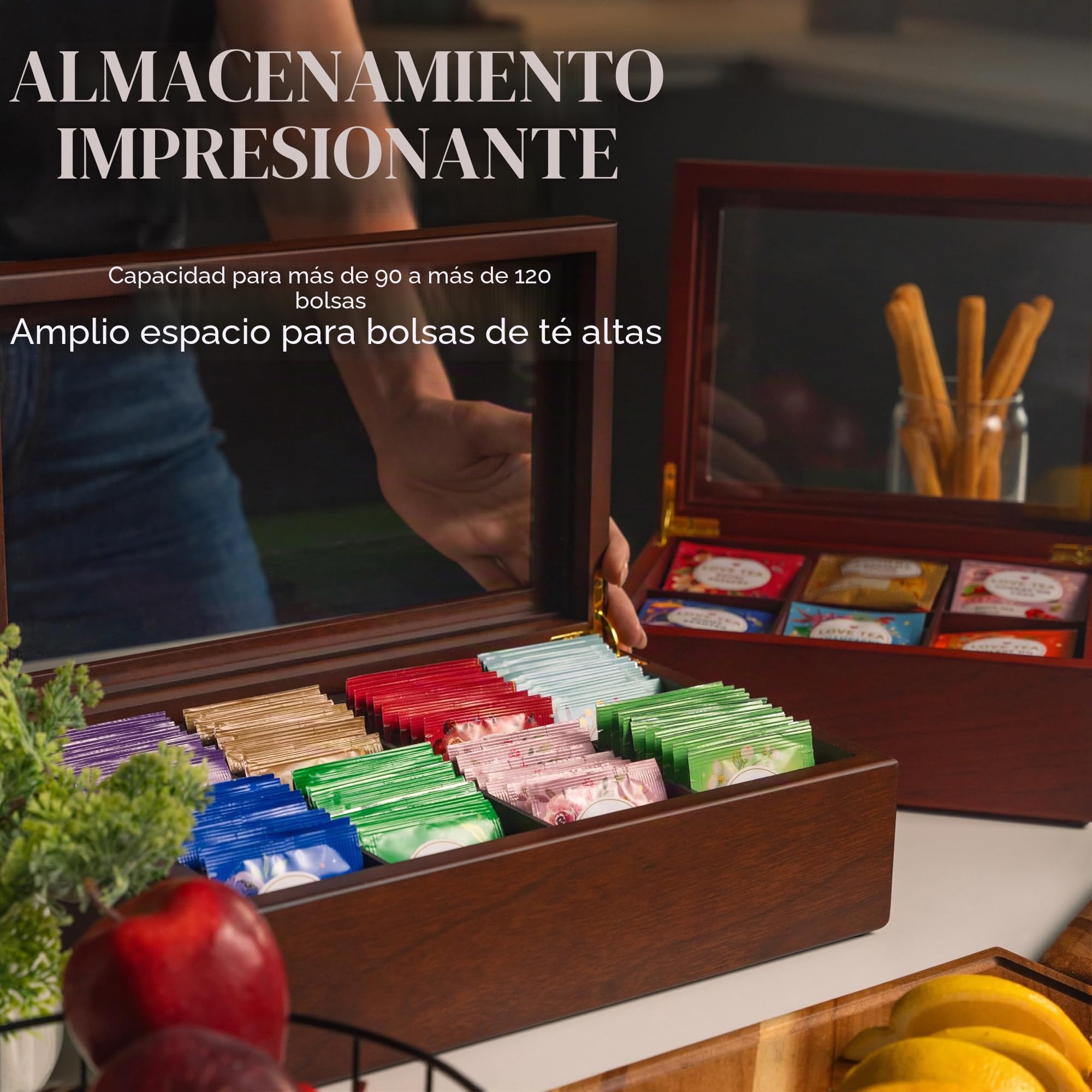 Apace Living Caja de té de madera de lujo – 6 compartimentos para guardar bolsas de té – Caja de té hecha a mano con ventana resistente a los arañazos – Elegante caja de almacenamiento para bolsas de