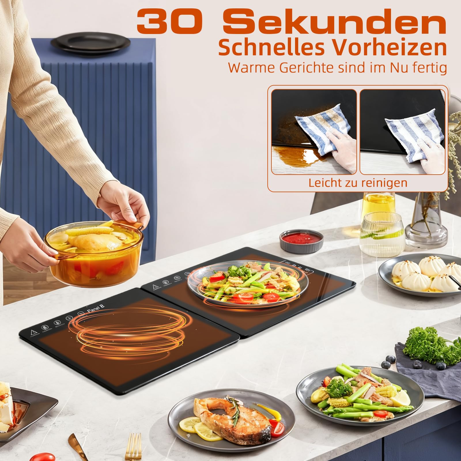 Elektrische Warmhalteplatte für Speisen, Speisenwärmer mit Temperaturregelung & Sicherheitsfunktion, Große Glasoberfläche 80x30cm Faltbares Wärmeplatte, Warmhalten oder Auftauen von Speisen