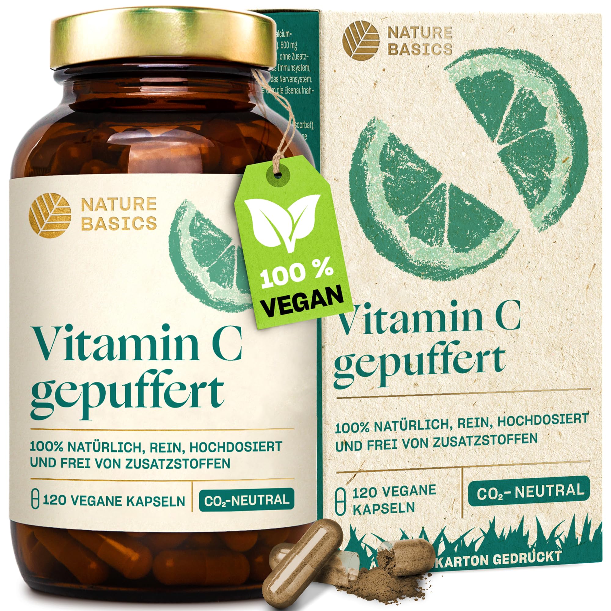 Nature Basics Vitamin C hochdosiert - 120 Kapseln - 1000 mg Vitamin C gepuffert pro Tagesdosis - Made in Germany - Vegan, Zertifiziert & Nachhaltig im Glas