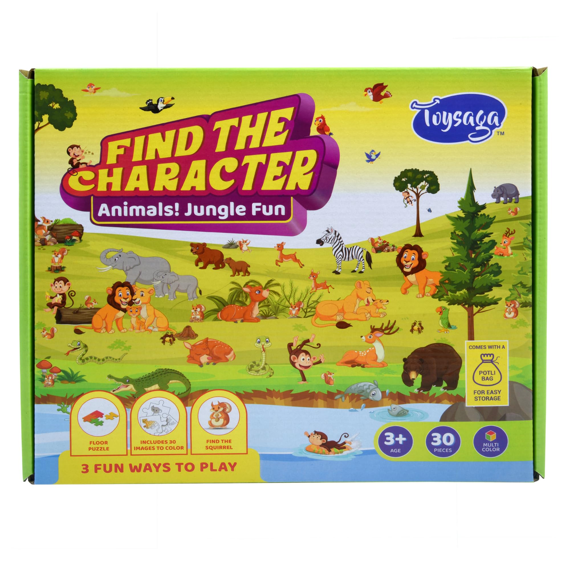 Toysaga Find The Character | Animals! Jungle Fun | 30 Pieces Floor Jigsaw Puzzle for Kids 3+ Years | Find The Squirrel & Coloring DIY Activity | Wild Animals Jigsaw Puzzle