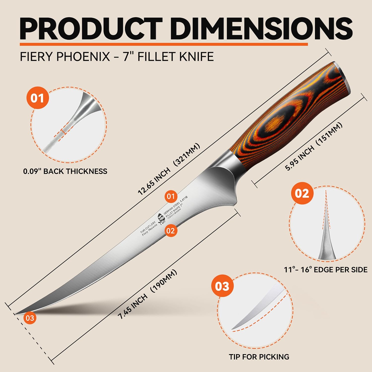 TUO Fillet Knife, 7 Inch Professional Fish Boning Knife for Trimming Meat & Poultry, Flexible Blade, High Carbon German Steel, Ergonomic Handle - Fiery Phoenix Series