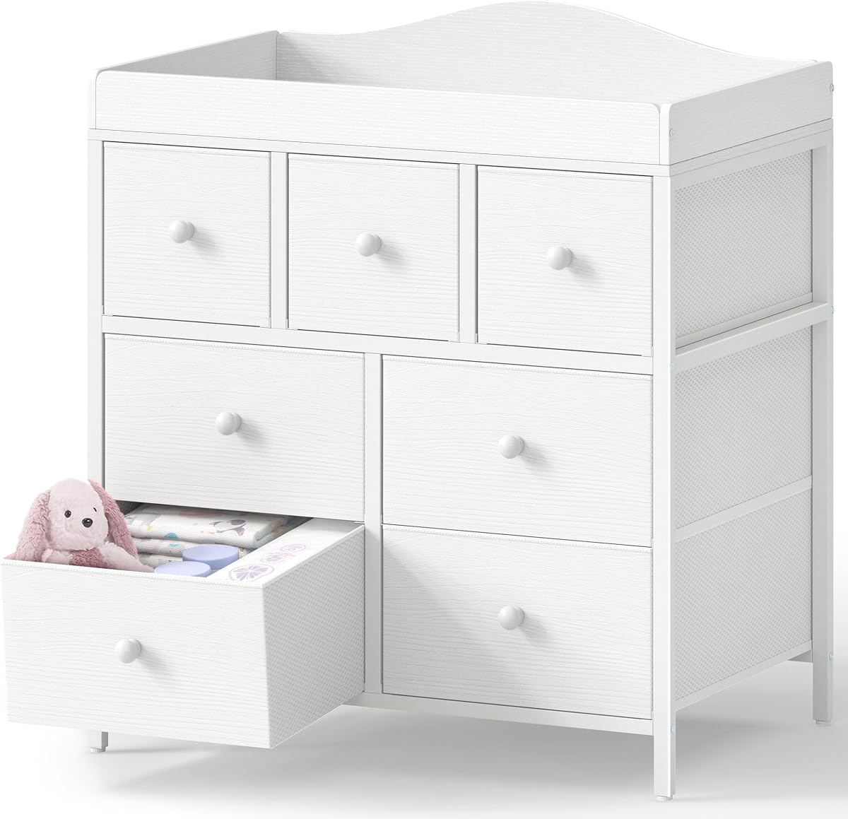 BOLUO Changing Table Dresser with Storage, Baby Dresser with Changing Table Top Diaper Changing Station with 7 Fabric Drawers for Nursery Modern