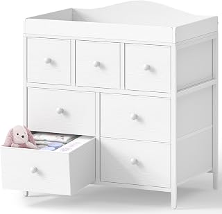 BOLUO 7-Drawer Changing Table Dresser: Modern Nursery Storage with Removable Top, Spacious Diaper Station & Safety Patent