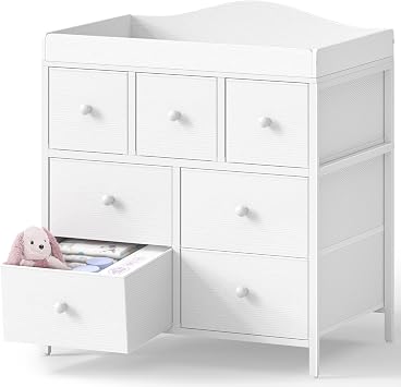 BOLUO Diaper Changing Table Dresser with Storage Baby Dresser Diaper Changing Station with 7 Fabric Drawers Nursery Modern