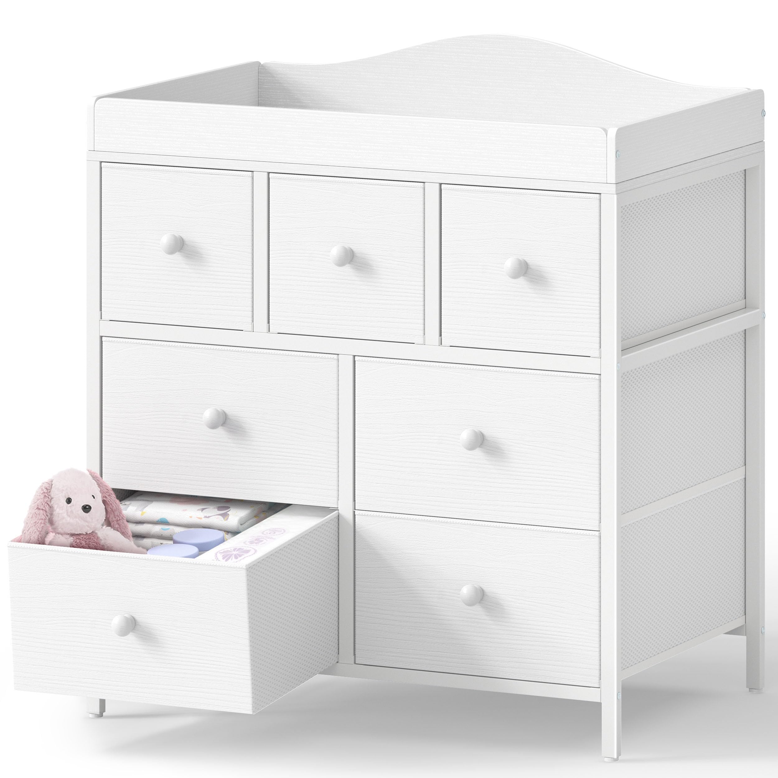 BOLUO Changing Table Dresser with 7 Fabric Drawers, Baby Dresser with Changing Table Top Diaper Changing Station with Storage for Nursery Modern