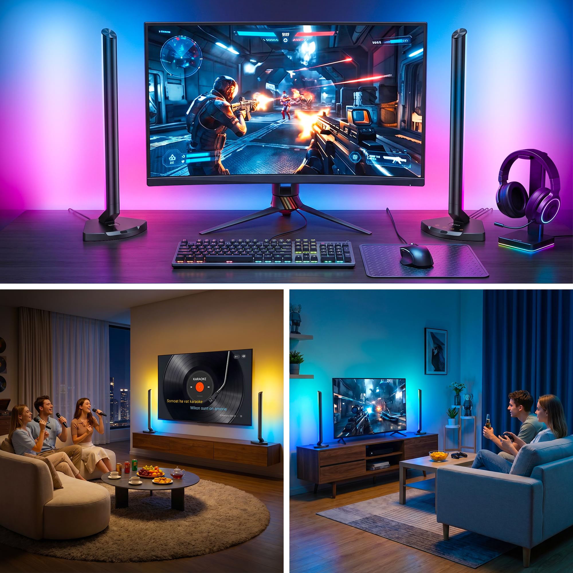RIYO Barre luminose da gioco intelligenti con hub USB-C, sincronizzazione del colore dello schermo del PC, luci RGB LED da scrivania, luci d'atmosfera, ritmo musicale, illuminazione ambientale per