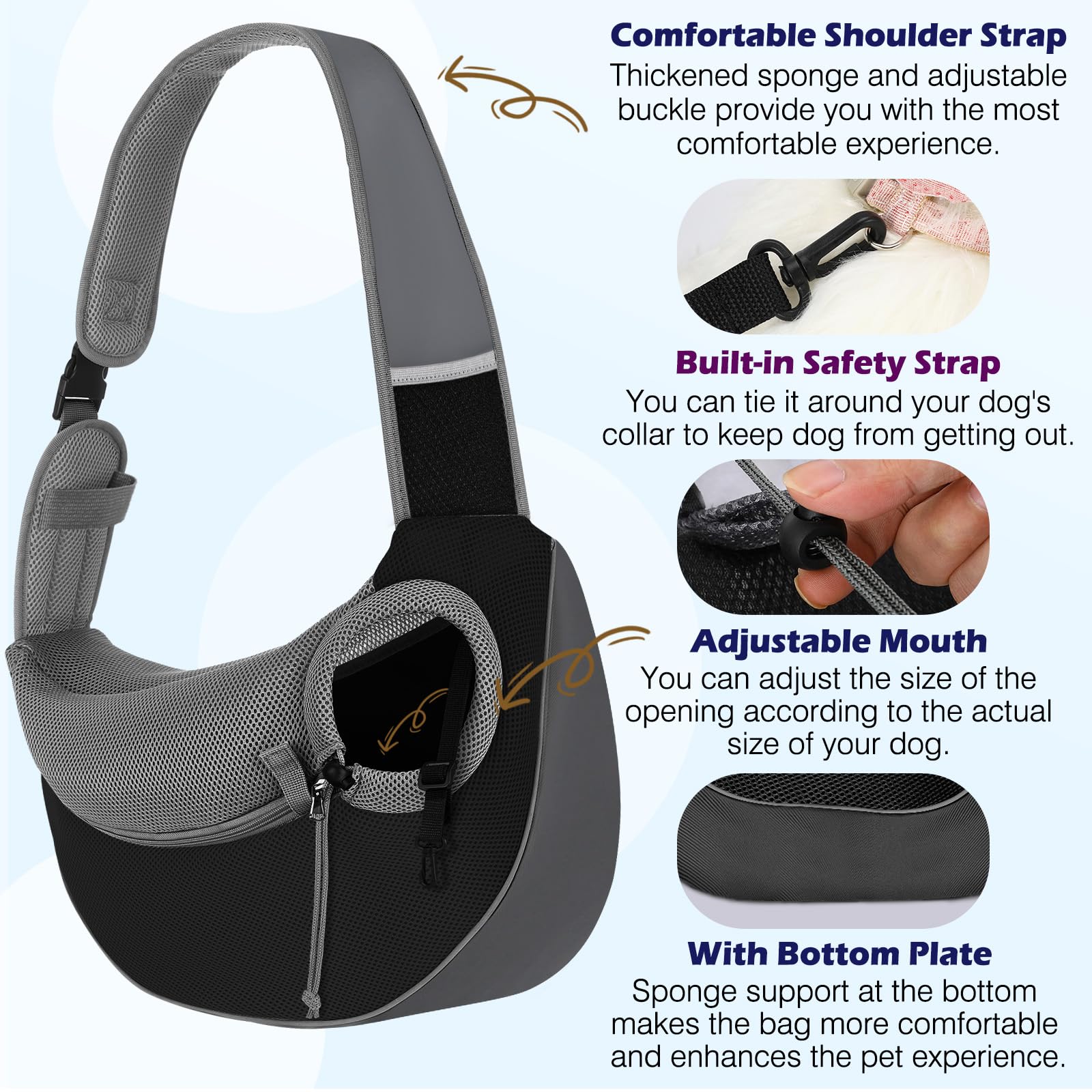 Pawaboo Bolso Bandolera para Perros, Bolsa Portátil para Mascotas con Correa Ajustable y Bolsillos, Bolsa de Mensajero Transpirable Cómoda con para Cachorros Gatitos, S, Gris Oscuro + Negro