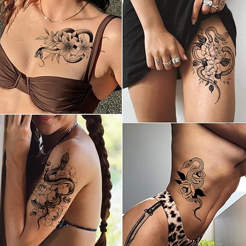 Miniatura 2 de Tatuajes temporales de serpiente, 12 hojas 3D negras realistas de serpiente, rosa, tatuajes florales, calcomanías grandes y sexys de serpiente,