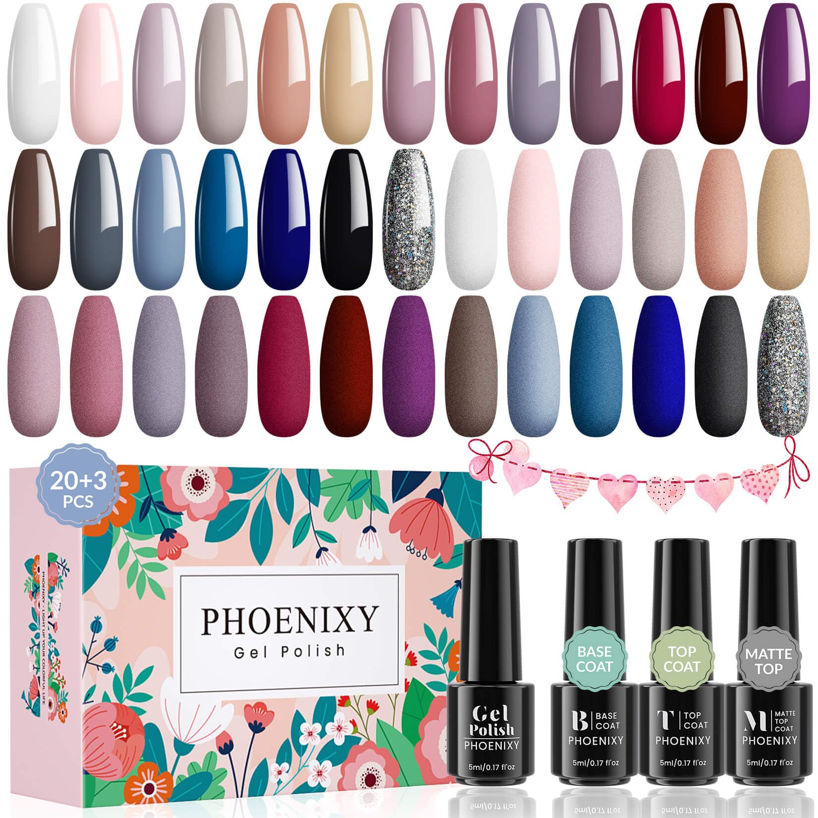 Phoenixy 23 Pcs Pintauñas Semipermanentes Gel U V/LED 20 Colores de Esmaltes Semipermanentes para Uñas con Base, Top Coat Brillante y Mate Kit de Esmalte de Uñas en Gel