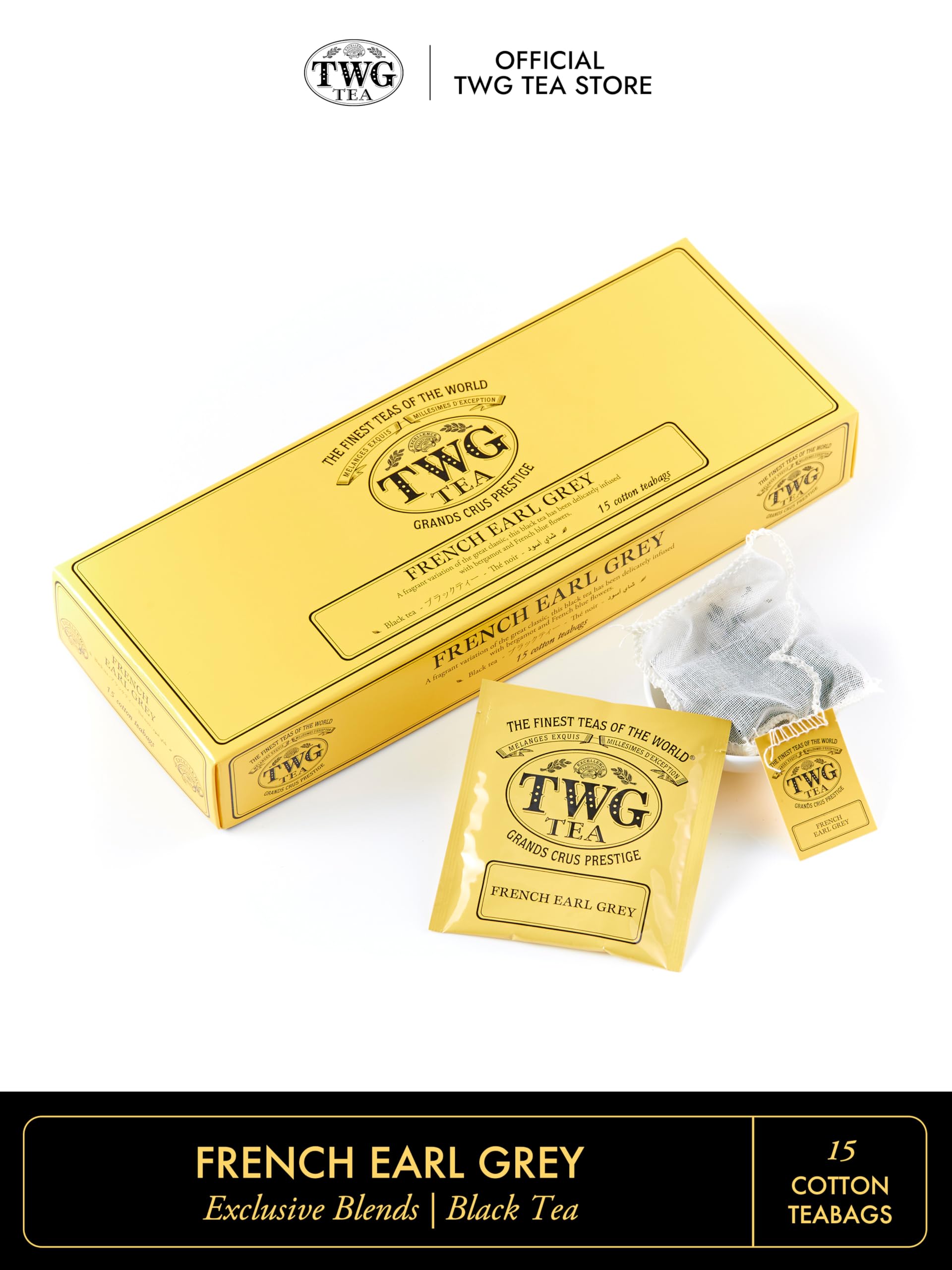 TWG Tea | French Earl Grey | Black Tea | Citrus Fruits & Blue Cornflowers | 15 Hand Sewn Cotton Tea Bags | Gift Set