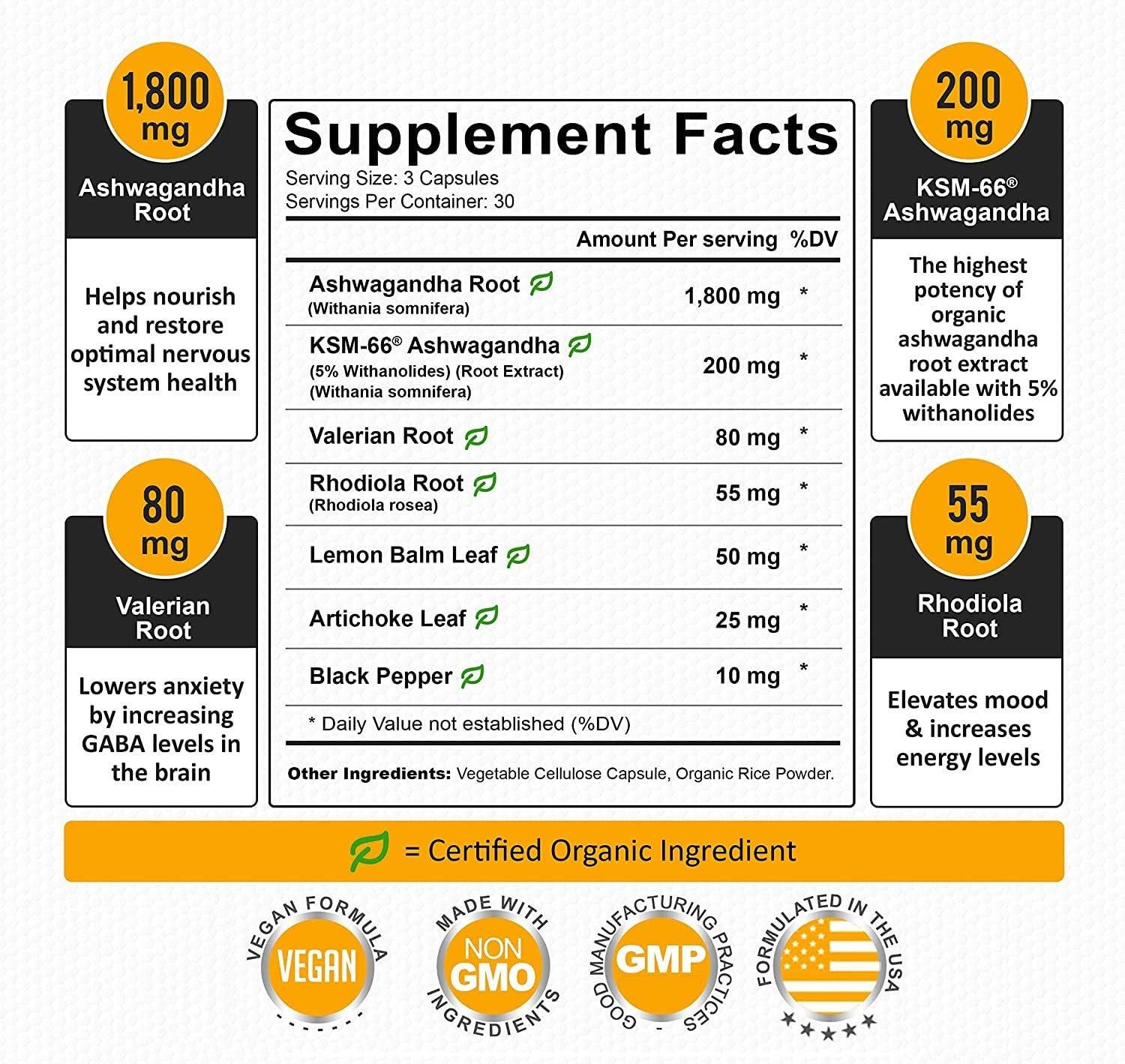 Organic Ashwagandha Capsules 2220mg | Ashwagandha Root Powder | Stress & Anxiety Relief, Adrenal Support with Valerian & KSM 66 Ashwagandha | Anti Anxiety Supplements : Health & Household