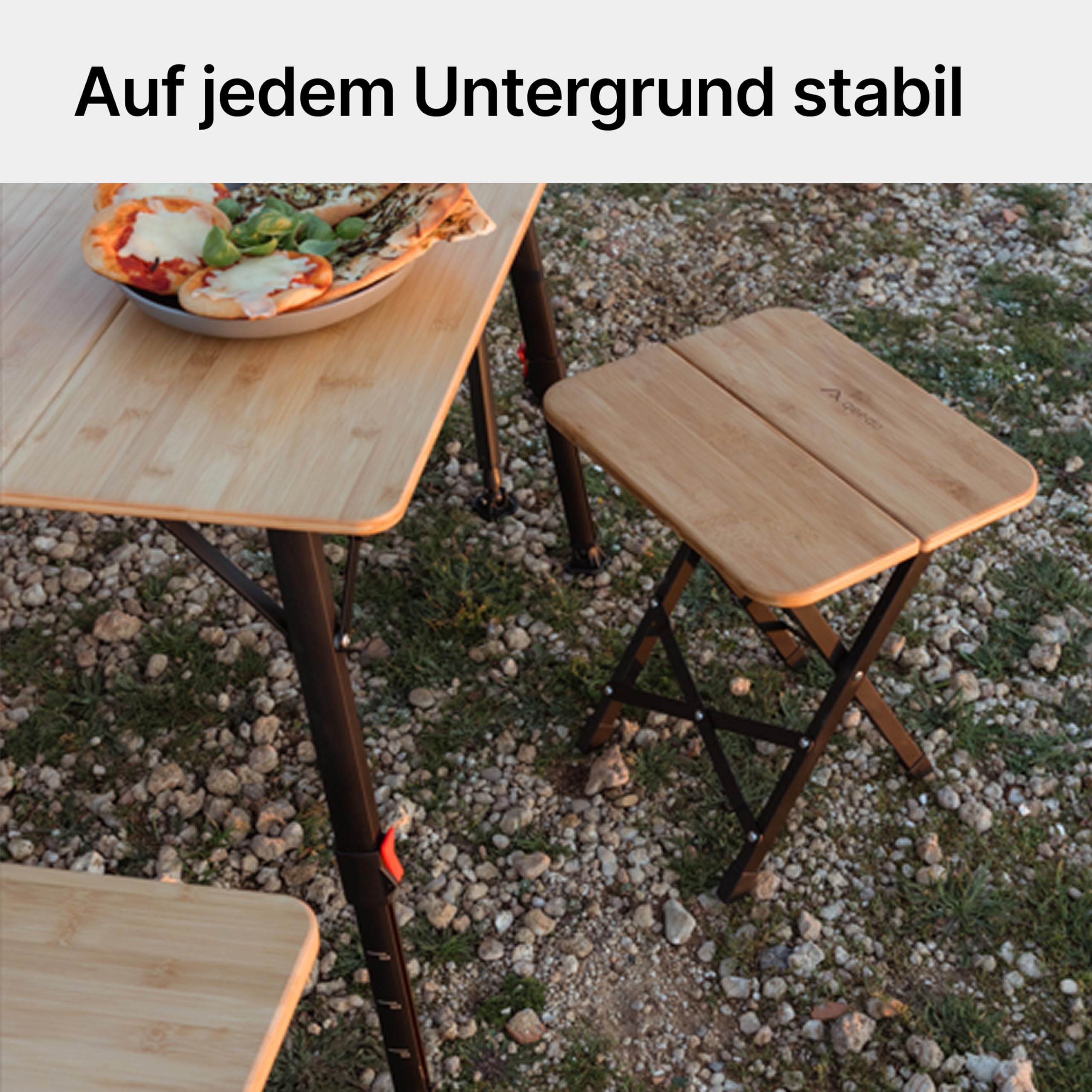 qeedo Quick Kimmy Campingtisch - klappbarer Bambus Tisch höhenverstellbar 43 bis 70 cm - Faltbarer Campingtisch mit Tragegriff & Packtasche - Stabiler Outdoor Tisch für Camping, Garten und Picknick