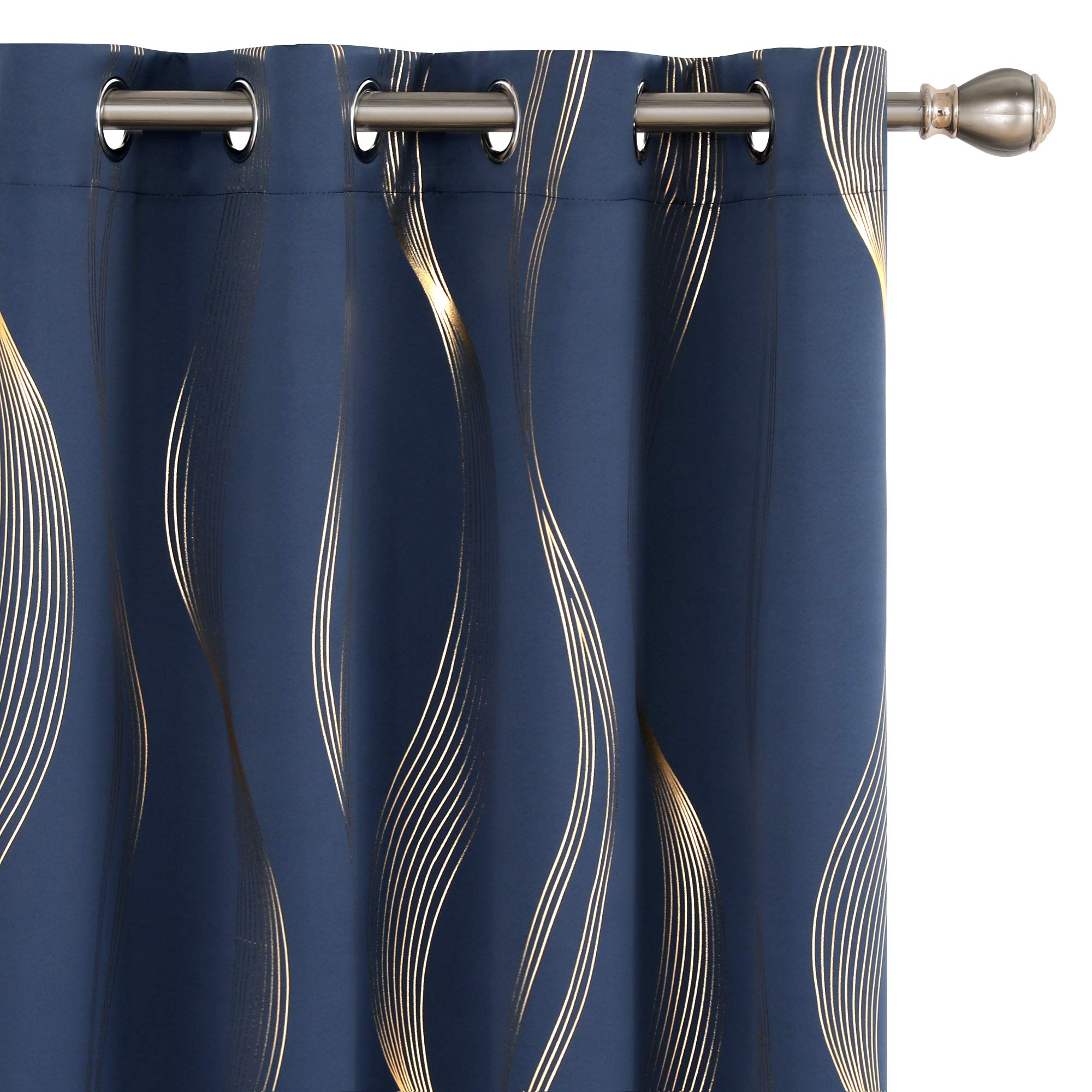 Deconovo Blackout Eyelet Curtains Thermal Insulated Gold Wave Line Foil Printed Curtains for Bedroom Navy Blue W52 x L108 2 Panels โ image 1