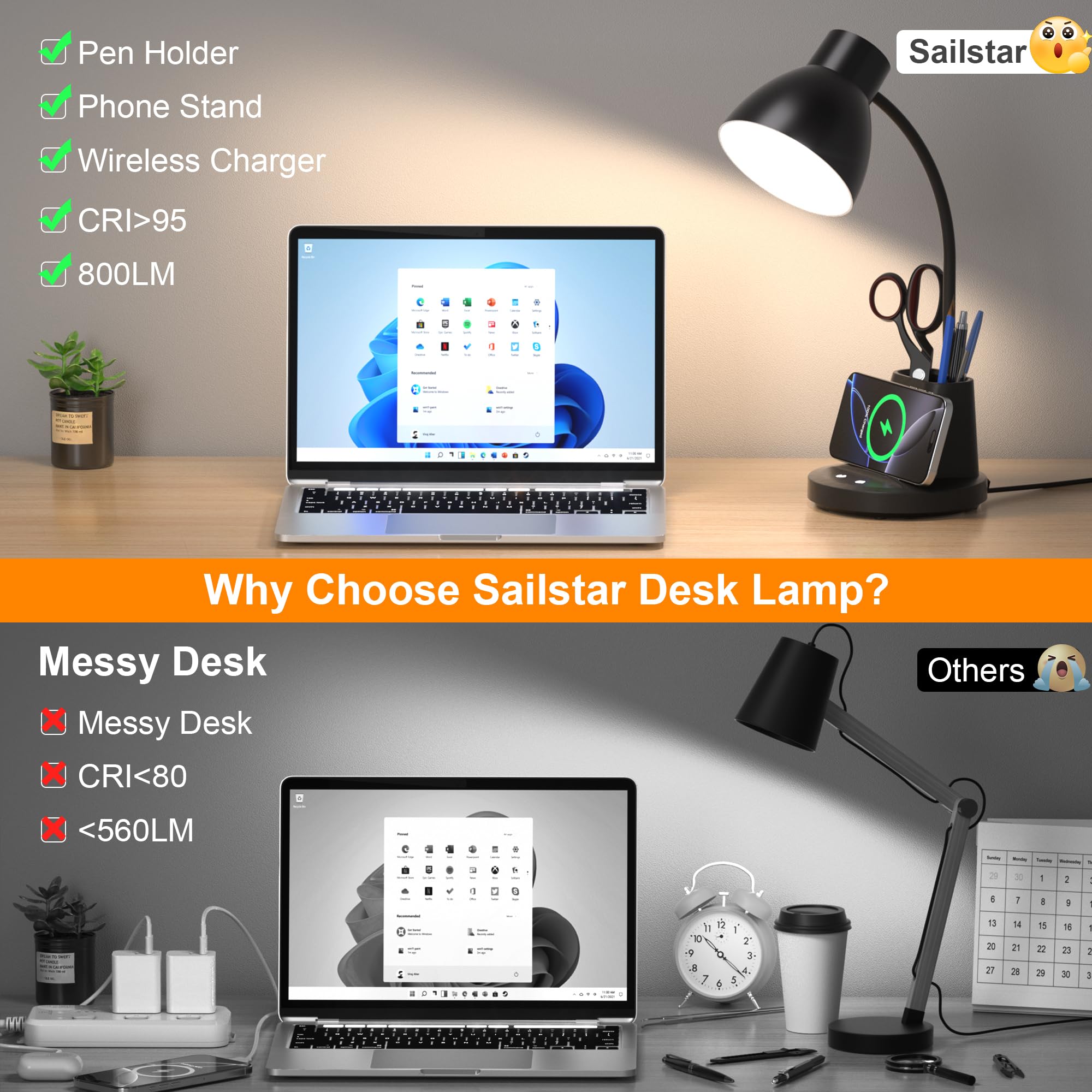 Schreibtischlampe für Heimbüro, 10 W kabelloses Laden, augenschonende LED-Schreibtischlampe, CRI 95+, 3 Farbmodi, stufenloses Dimmen, Stifthalter, 360° flexibler Arm, Schreibtischlampen für
