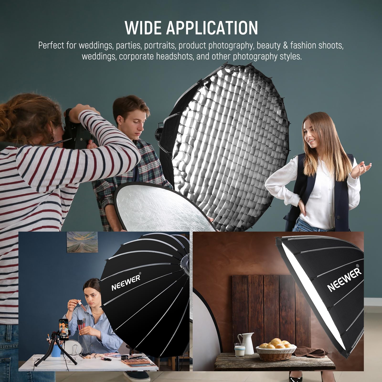 NEEWER Paraboliczny zestaw softbox, 120 cm, z dyfuzorami światła, do fotografii studyjnej, nagrywania wideo, strumieniowego oświetlenia, kompatybilny z Aputure 120D, kompatybilny z Godox SL60w, NS73P