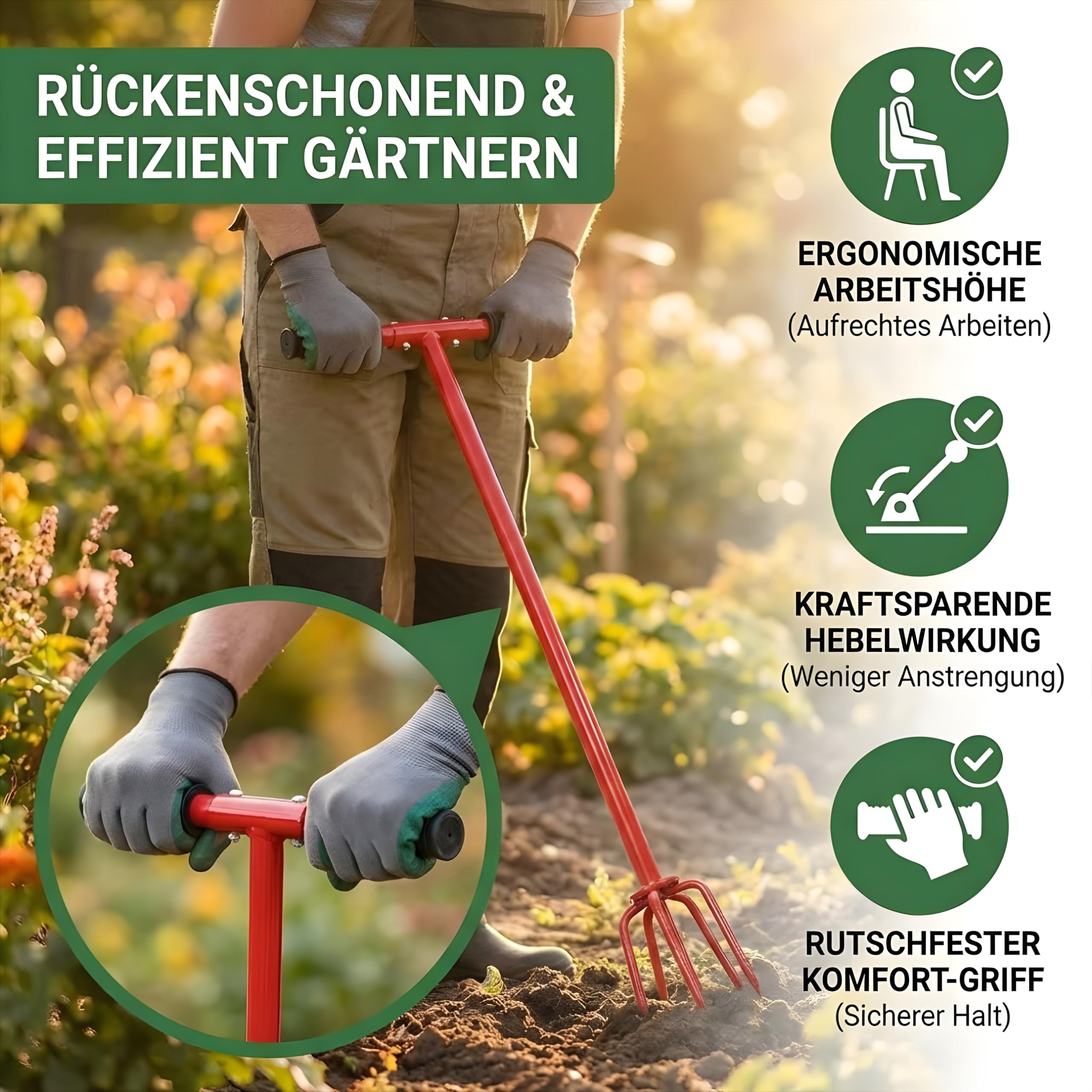 Erdkralle 96cm mit Zentrierspitze – 5-Zinken Gartenkralle & Bodenlüfter – Robuster Kultivator zur Bodenlockerung – Rückenschonende Handfräse mit gummiertem Griff – Ideal für Pflanzerde