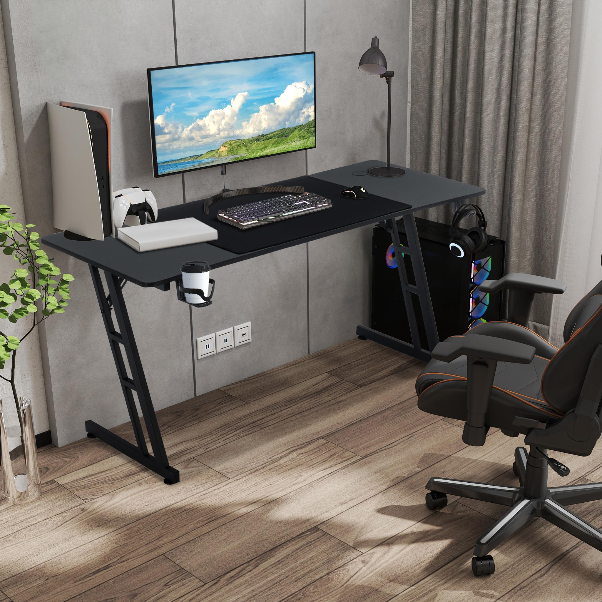 AufuN Gaming Tisch, Gaming Schreibtisch, Kopfhörerhaken und Getränkehalter, Stabiler Computertisch Stehschreibtisch Arbeitstisch, PC Tisch Gaming (Rahmen Z) (Ohne LED, 160 x 60cm)