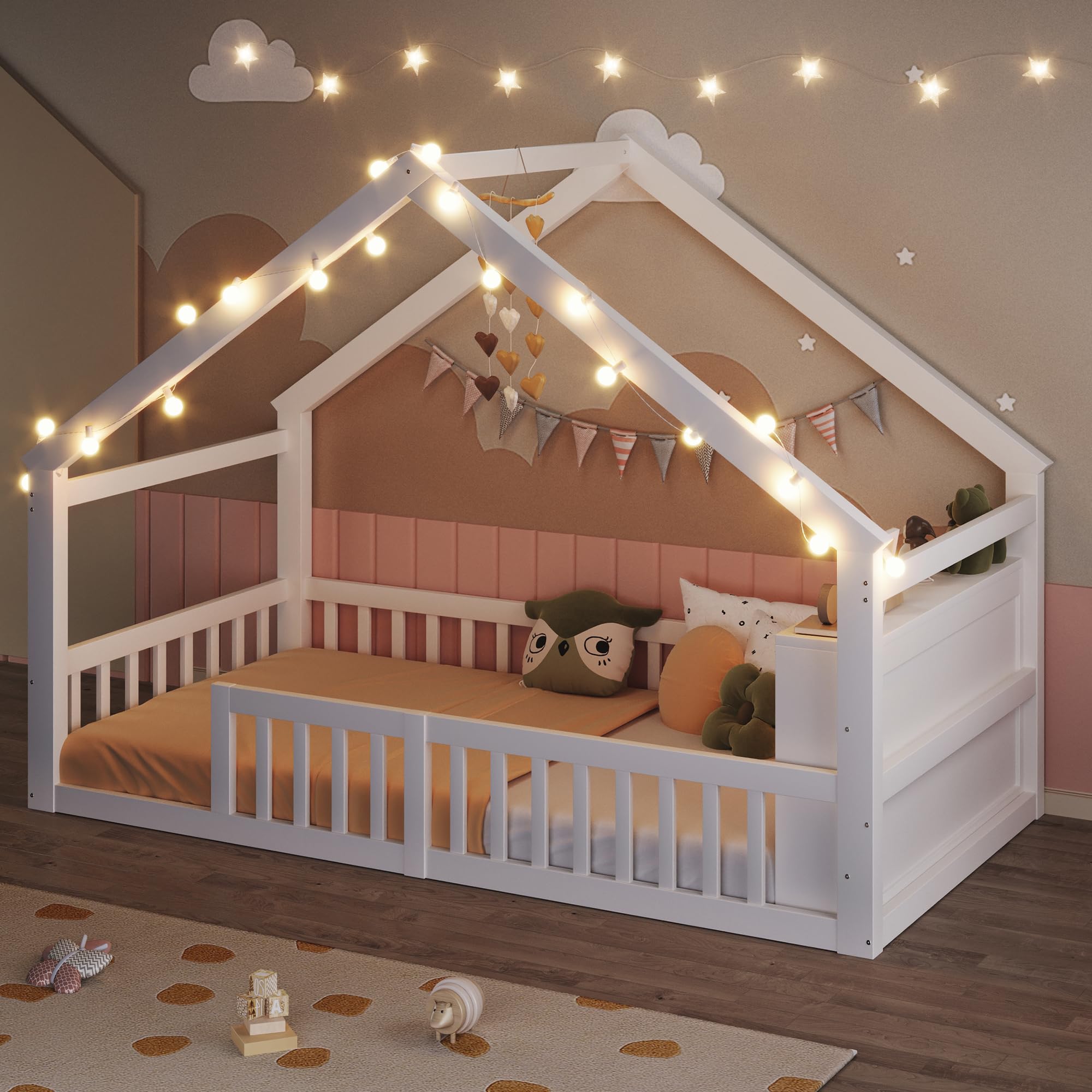 Łóżko dziecięce 90 x 190 cm z kratką i perłami LED, drewno sosnowe, białe, bez