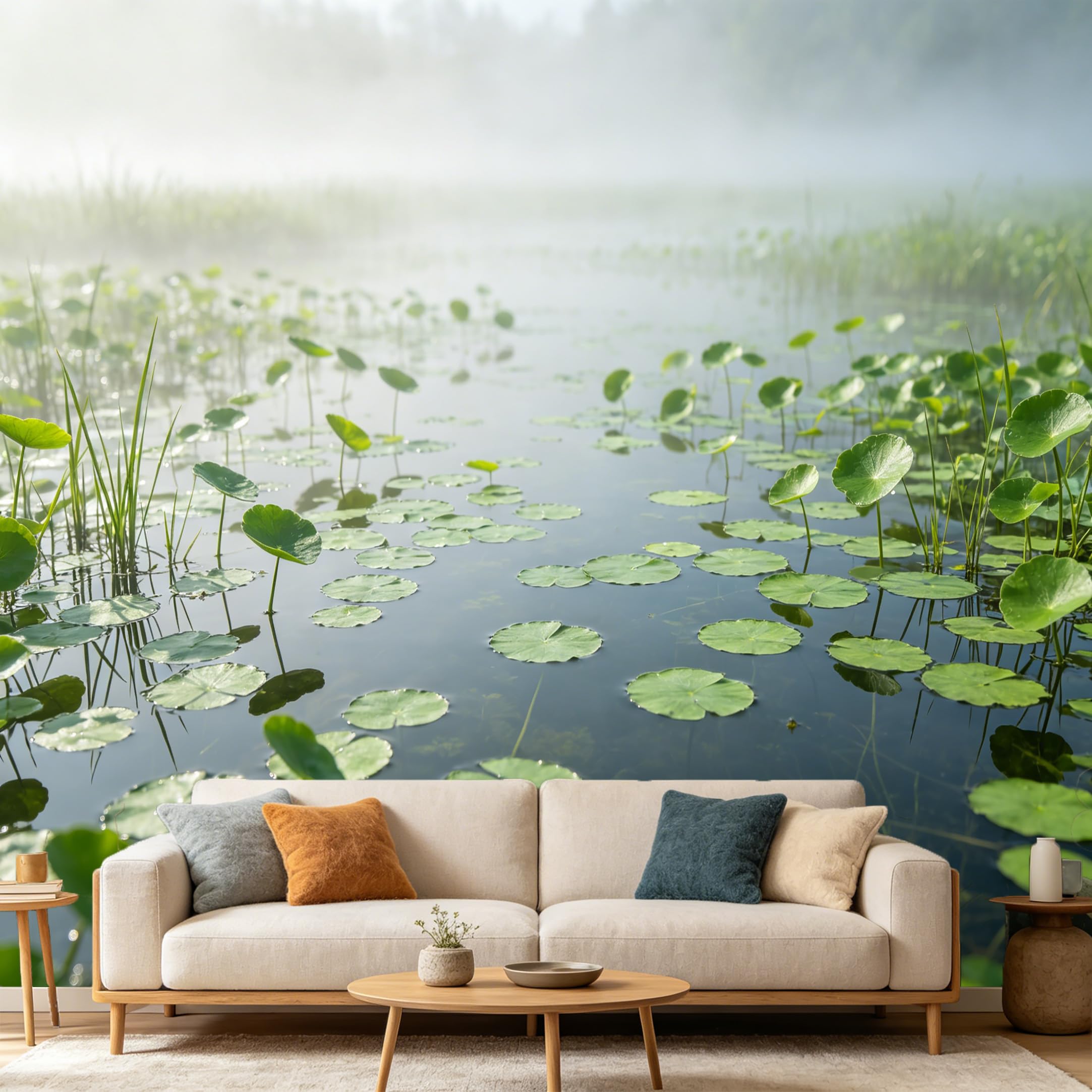 Custom Size Wall Mural Misty Pond Water Lily Leaves Botanical Landscape SelfAdhesive Art Prints wall Fabric（No PVC） Removable Wallpaper Home Bedroom Decor