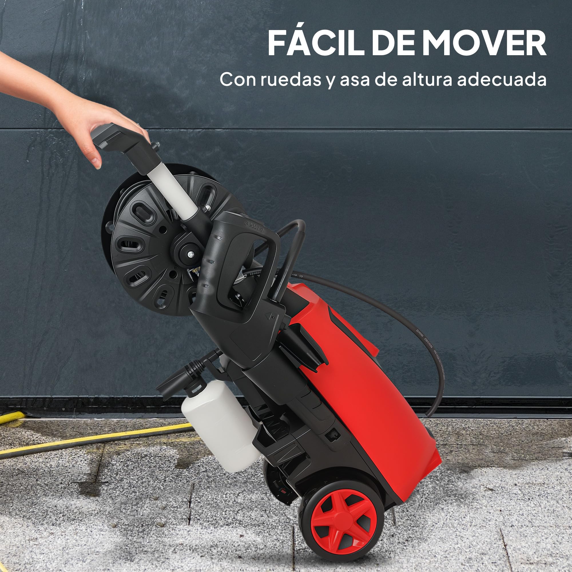Outsunny Hidrolimpiadora de Alta Presión 1800W, Presión 150 Bar, Caudal 420 L/h, con Bomba de Aluminio, Parada Automática, Manguera de 6 m, Incluye Botella de Espuma y Boquilla Ajustable, Rojo y Negro