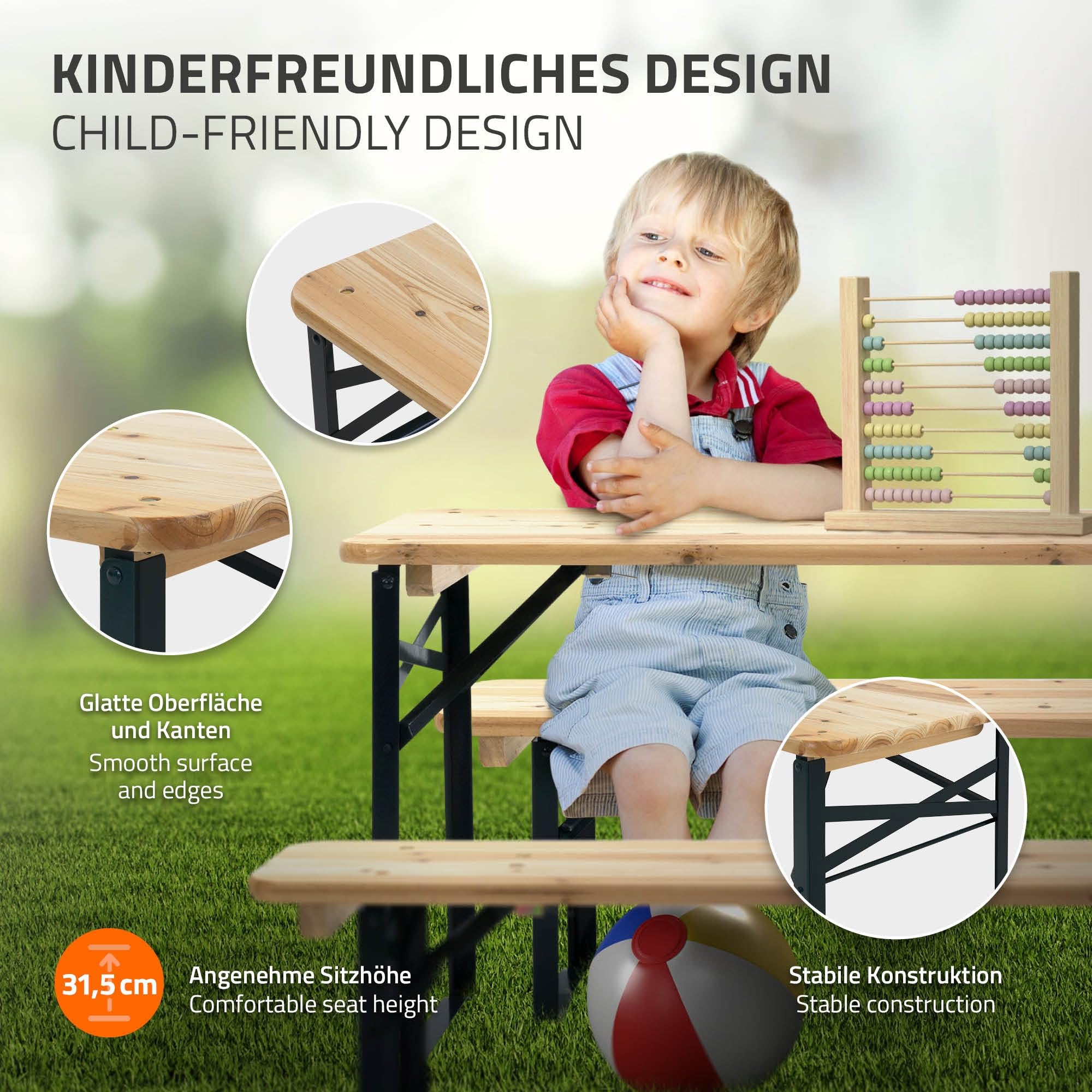 ML-Design Set da Picnic per Bambini 3 Pezzi Pieghevole Naturale/Verde Legno Massello e Metallo Set con Tavolo e 2 Panche per Esterno Arredo Giardino Tavolo da Festa per Bambini Gruppo Sedute da Picnic