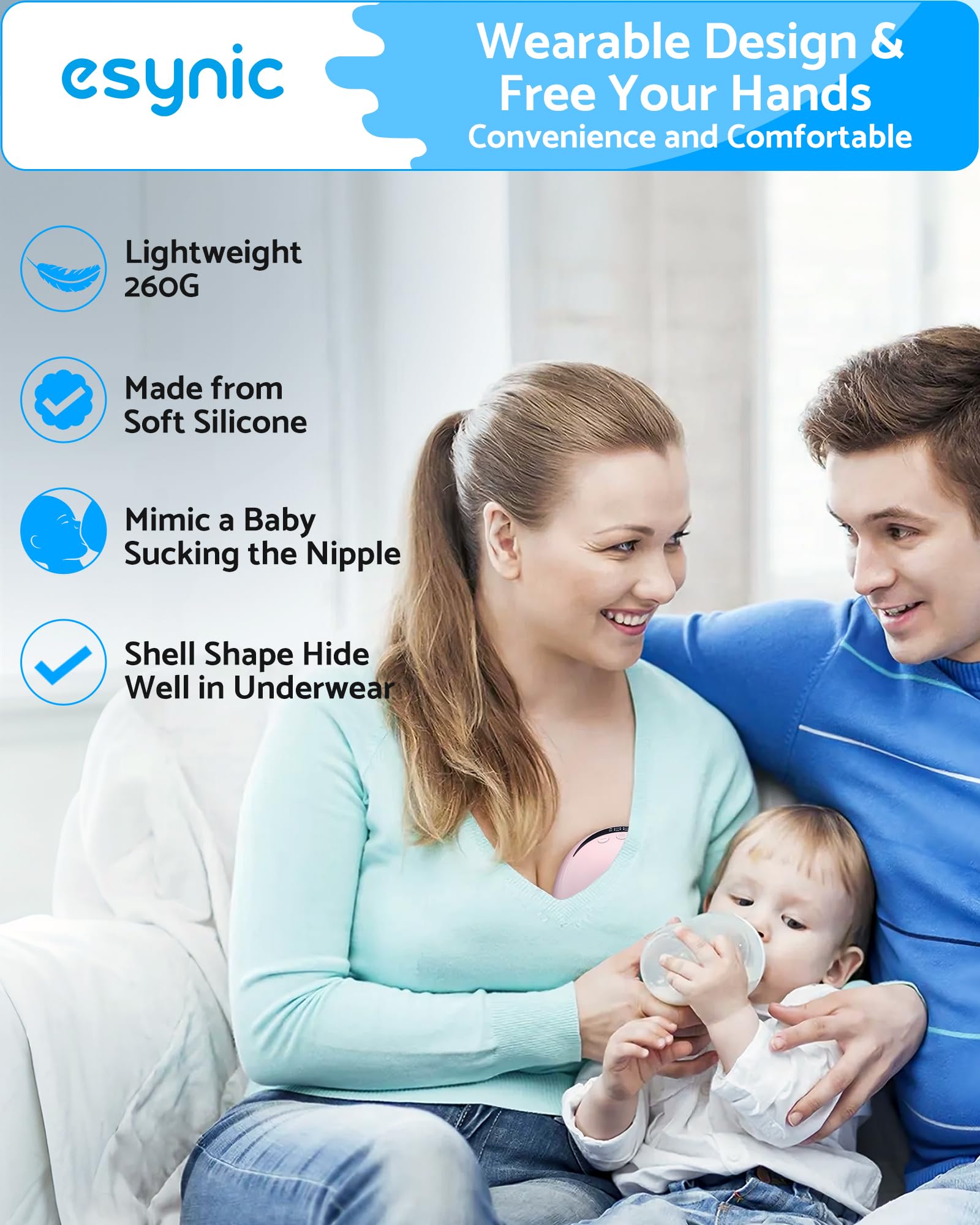 eSynic 2PACK Hand Free Wearable Breast Pump 4 Modes&12 Levels Electrical Breast Pump 210ML Wireless Breastfeeding Pump with 24/21/19mm Flange Portable Breast Milk Pump Leak-Proof LED Display BPA Free - Image 4