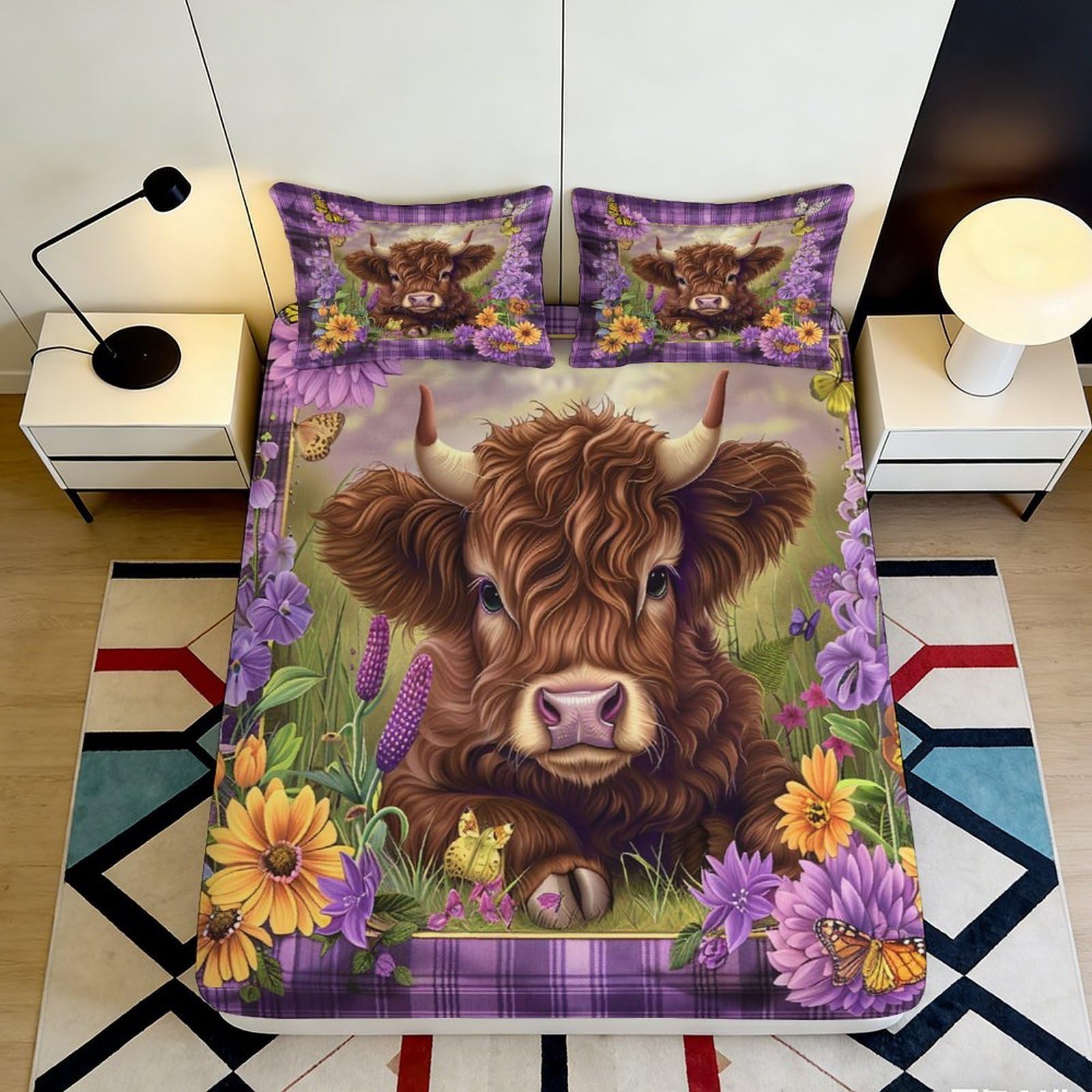3D Printed Highland Cow Fitted Sheet Microfiber Floral Pattern Bed Cover for Bedroom Dormitory Guest Room Mattress Protection and Decor 140x200x25cm