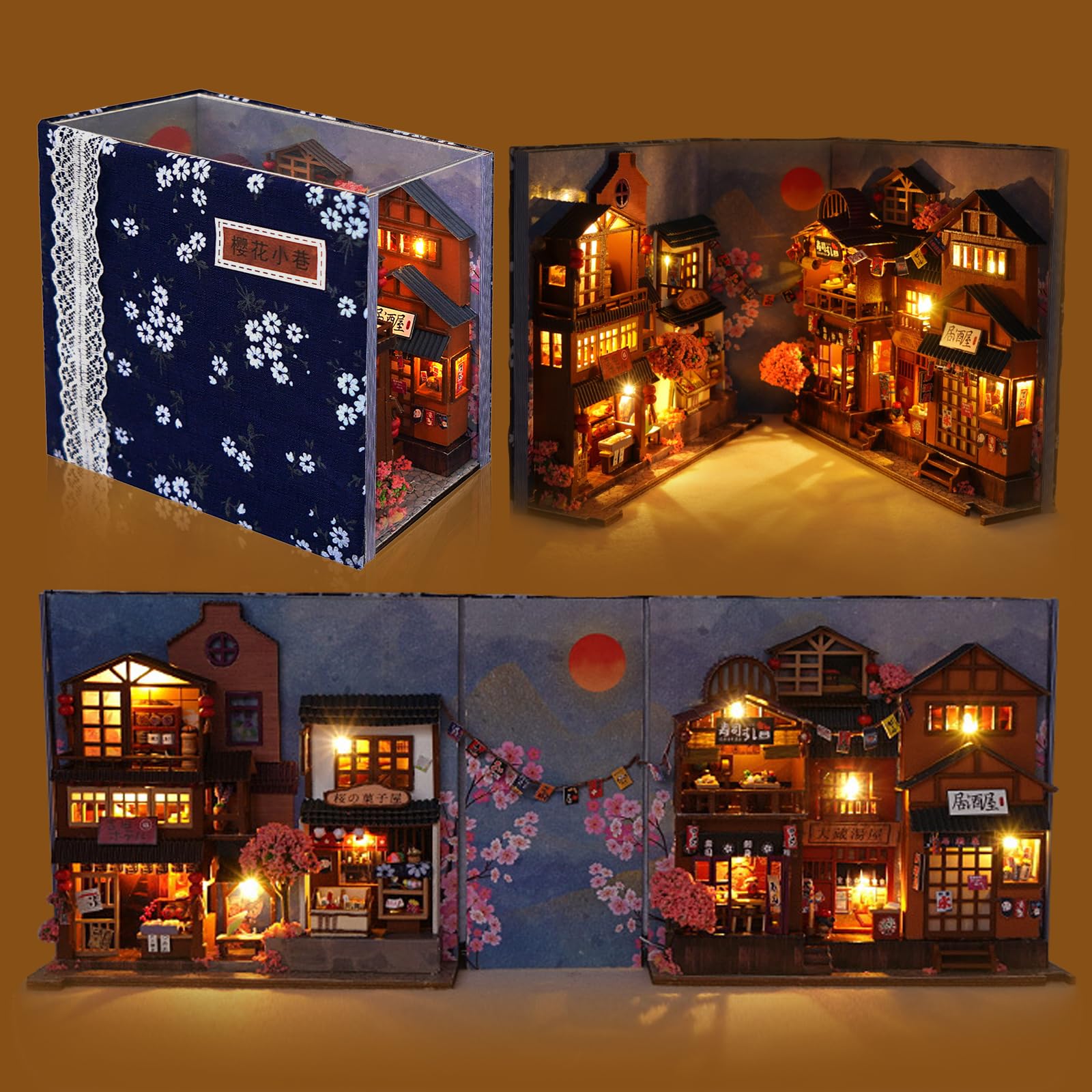 DIY Book Nook Kits, 3D Wooden Puzzles Bookshelf Insert Decorative Bookend Model Kits with LED,DIY Diorama Dollhouse Kit Crafts Hobbies Home Decor for Girls Women(Sakura Alley)