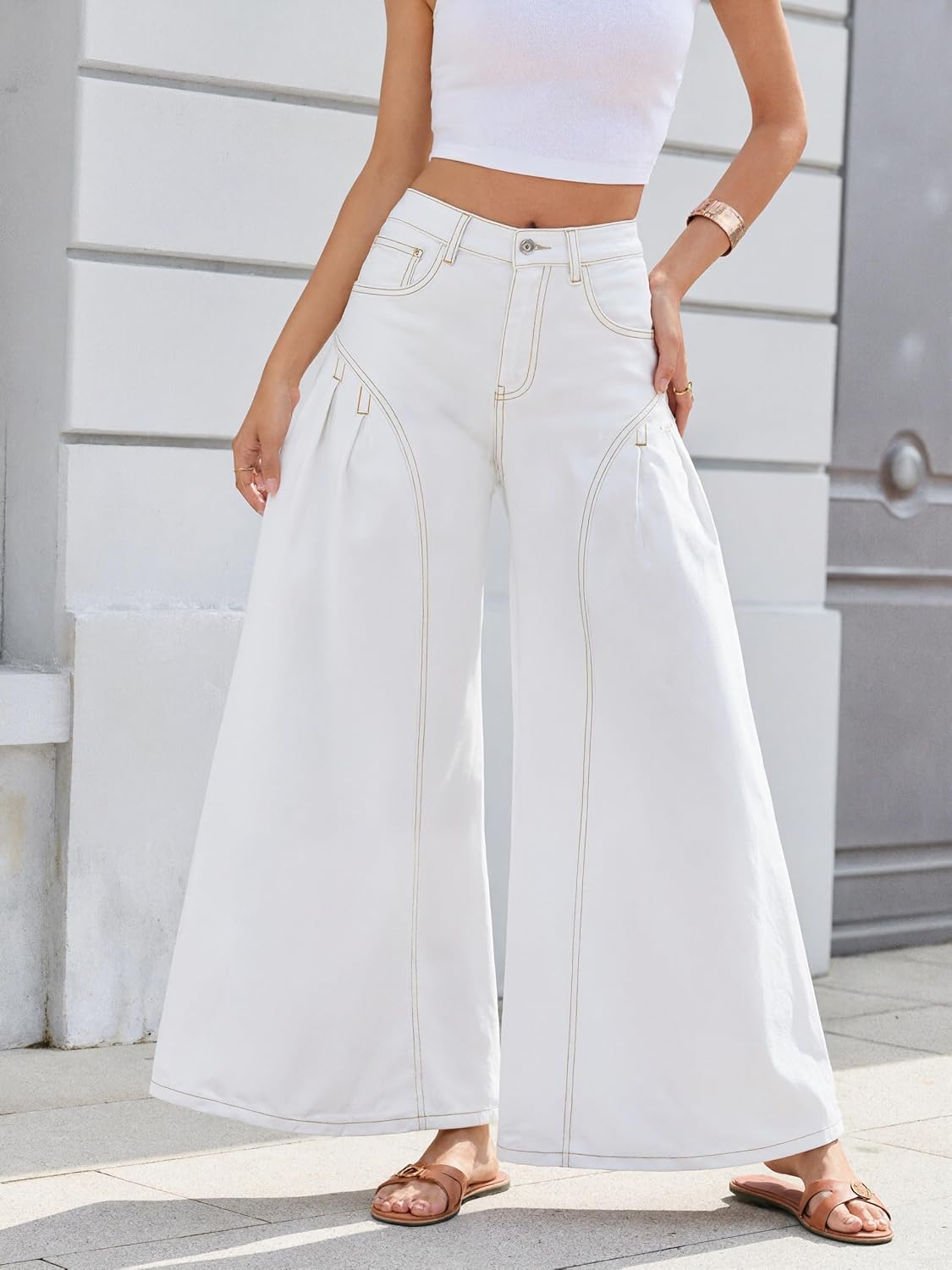 Women Bell Bottom Jeans High Waist Stretch Wide Leg Baggy Flared Pleated Vintage Casual Loose Denim Pants - Image 2