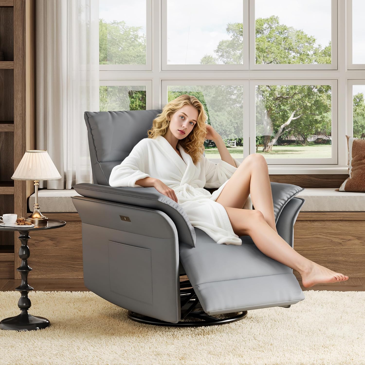 GarveeHome Power Recliner Chair with Side Pockets, 270° Swivel & Glider, USB Charging Port, PU Leather, Thickened Dual-Layer Armrests, Modern Recliner for Living Room, Bedroom (Silver)