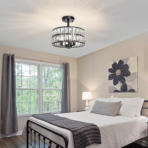 Miniatura 8 de Lámpara de techo redonda de cristal de 3 luces, lámpara de techo semiempotrada negra, lámpara de techo de cocina de granja de 12.6 pulgadas con