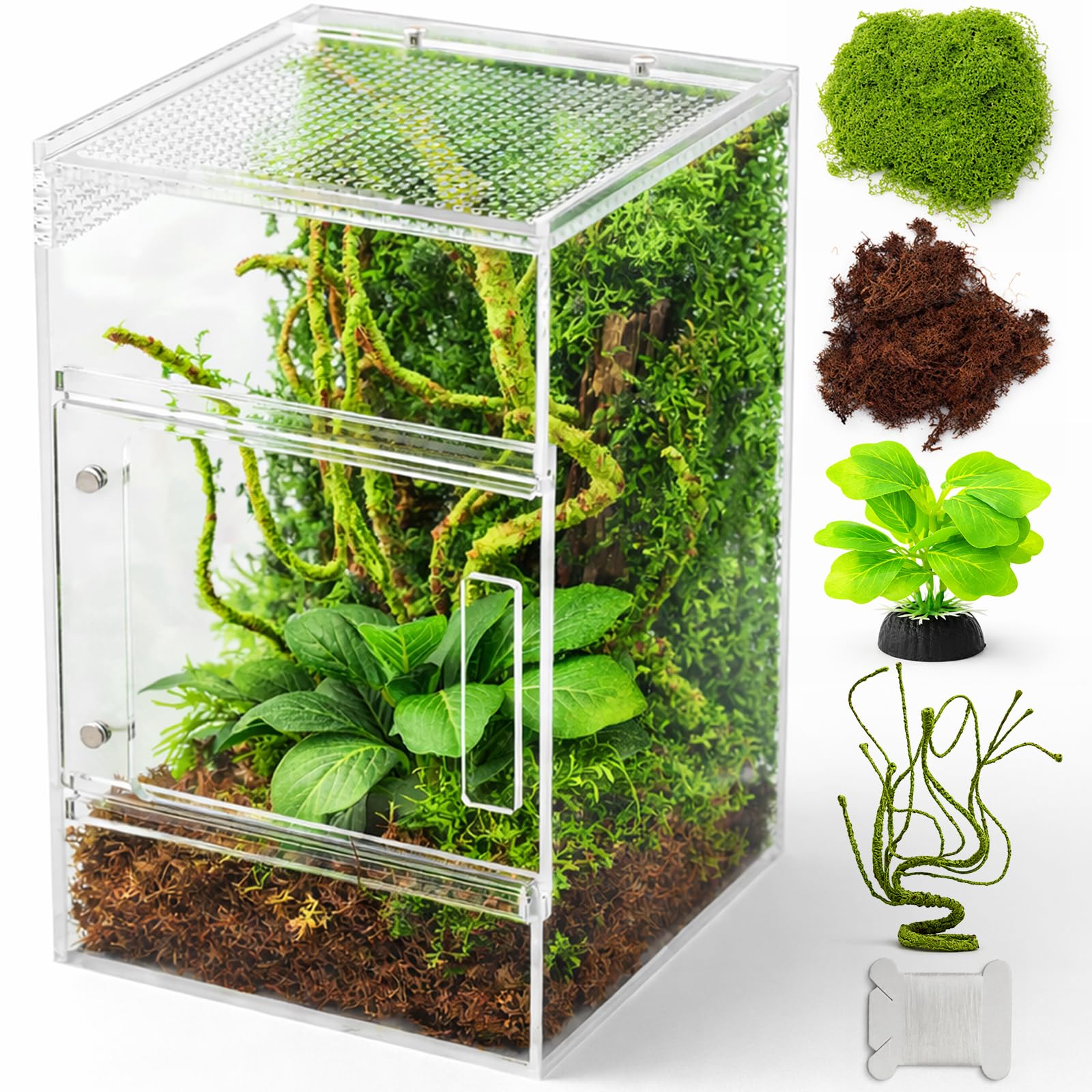 Photo 1 of Jumping Spider Enclosure Kit, Waterproof Clear Acrylic Spider Terrarium, Front Opening + Top Access, Ventilated Insect Habitat with Moss Vine, Green Plant, 2 Moss Packs & Invisible Line (6-Piece Set)