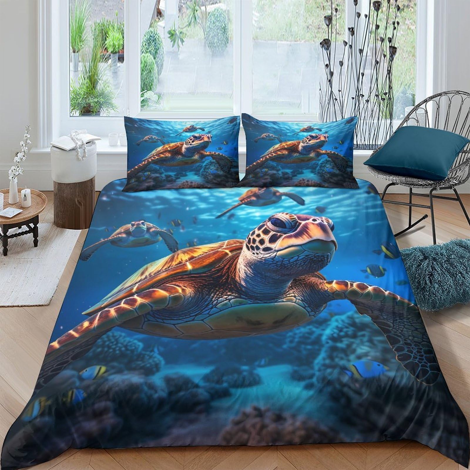 Ctjqhvkz Style-6 3D Printed Sea Turtle Ocean Fitted Sheet Microfiber Blue Underwater Mattress Cover For Bedroom Guestroom Single（135X200cm）