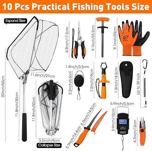 Miniatura 2 de Kit de herramientas de pesca de 10 piezas, alicates de pesca con cordón y fundas protectoras, salabre, cuchillo de filete, balanza de pescado,