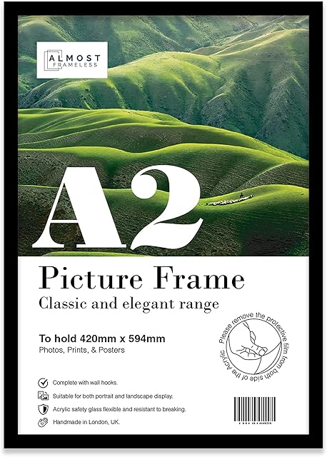 A2 Black Picture Frame, Fits A2 (42 x 59.4cm - 16.5 x 23.4in) Poster, Photo, or Print. Portrait and Horizontal Wall Hooks
