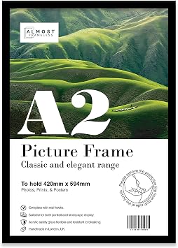 Almost Frameless A2 Black Picture Frame, Fits A2 (42 x 59.4cm - 16.5 x 23.4in) Poster, Photo, or Print. Portrait and Horizontal Wall Hooks