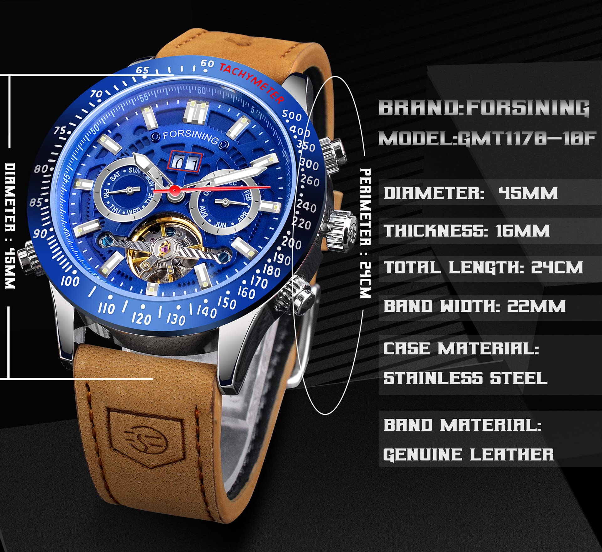 Forsining Herren-Armbanduhr, mechanisch, automatisch, Tourbillon, leuchtende Zeiger, analog, Datum, Luxus, Freizeit, Business, echtes Lederband, blau, Riemen