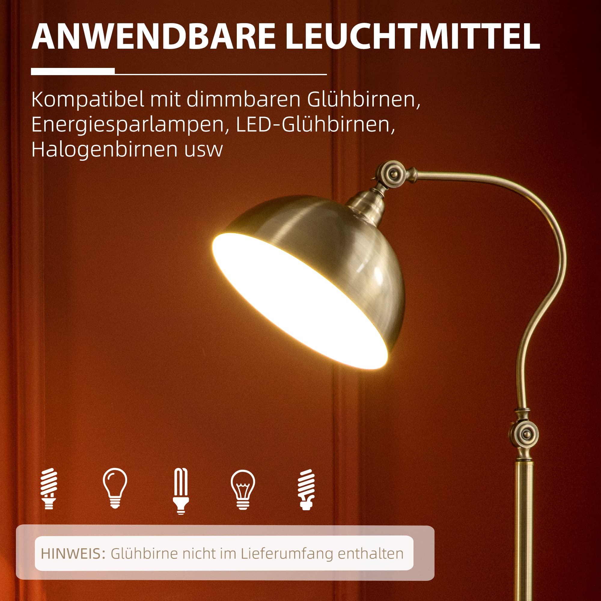 HOMCOM Stehlampe, Stehleuchte mit verstellbarem Lampenschirm, 40 W, Bogenlampe mit E27 Fassung im Retro-Design für Wohnzimmer Schlafzimmer, exkl. Glühbirne, Bronze